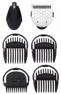Różne akcesoria do pielęgnacji: trymer do nosa, głowica golarki i wiele prowadnic grzebieniowych.