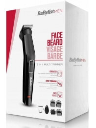 Pudełko trymera do twarzy, brody i włosów BaByliss MEN. Pokazuje trymer i akcesoria.