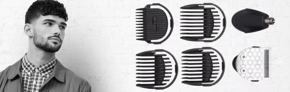 Mężczyzna z brodą i akcesoriami do pielęgnacji. Zawiera różne czarne głowice trymera i szczotkę.