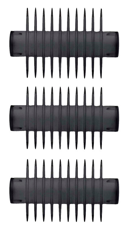 Trzy czarne, grzebieniowe nasadki, każda z wieloma pionowymi zębami, ustawione pionowo na białym tle.