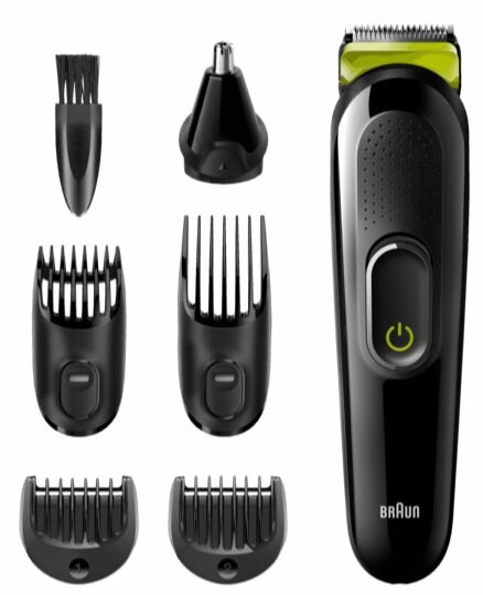 Czarna maszynka do strzyżenia brody Braun z różnymi nasadkami. Białe tło.