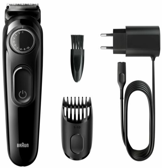 Czarny trymer do brody z akcesoriami. Zawiera szczotkę, głowicę i ładowarkę.