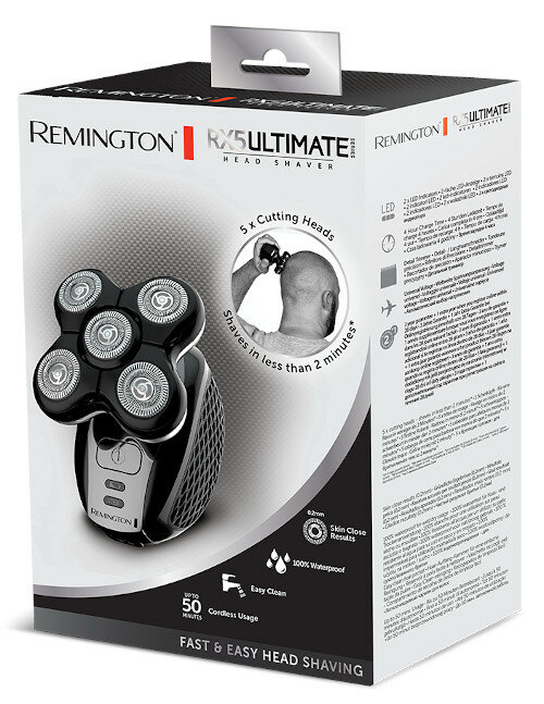 Pudełko do golenia głowy Remington RX5 Ultimate. Pokazuje golarkę i tekst.