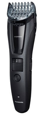 Czarny trymer do brody Panasonic z regulowanymi ustawieniami i przezroczystą głowicą.