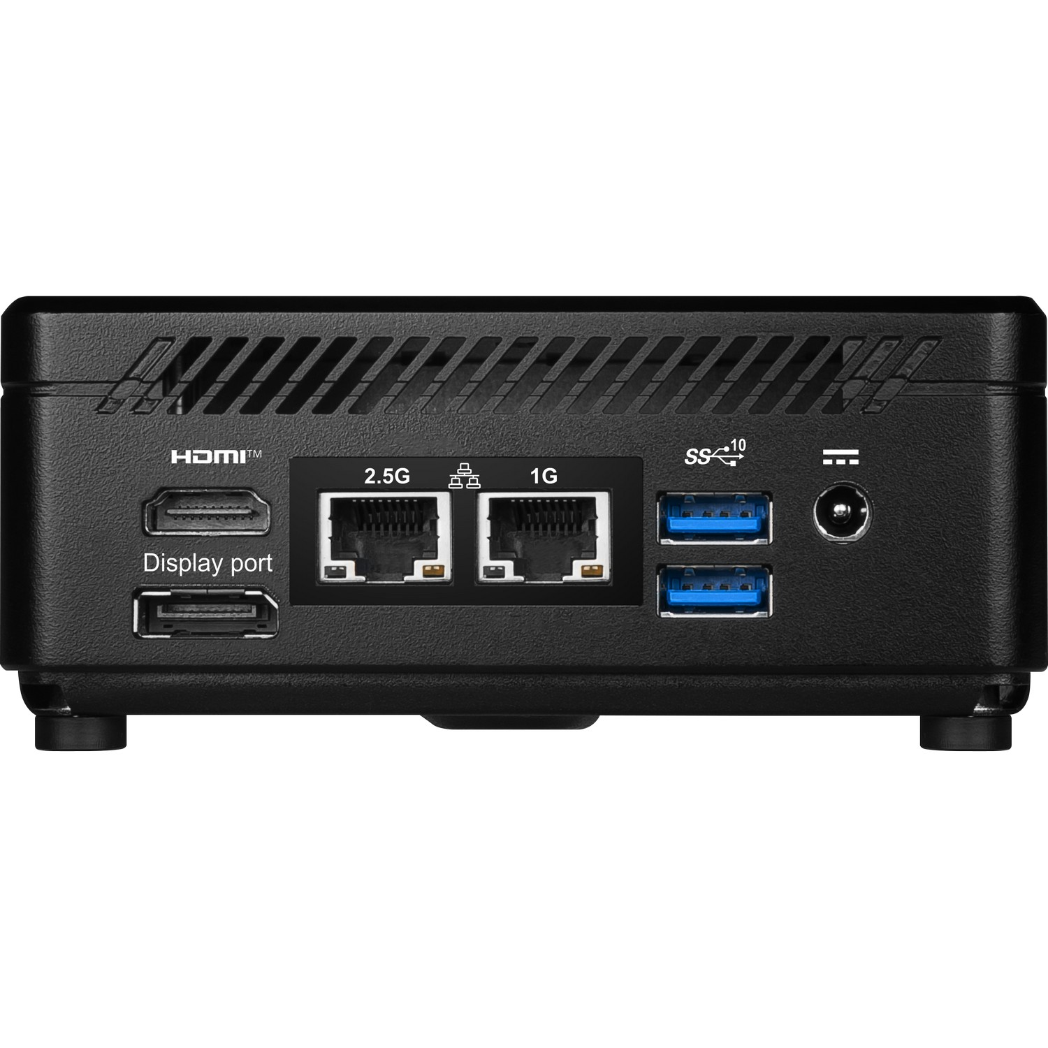 Mini ordinateur noir. Ports HDMI, Display port, USB et réseau visibles.