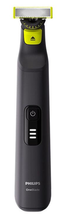 Ciemnoszary trymer Philips OneBlade z żółtym ostrzem i przyciskami sterującymi.