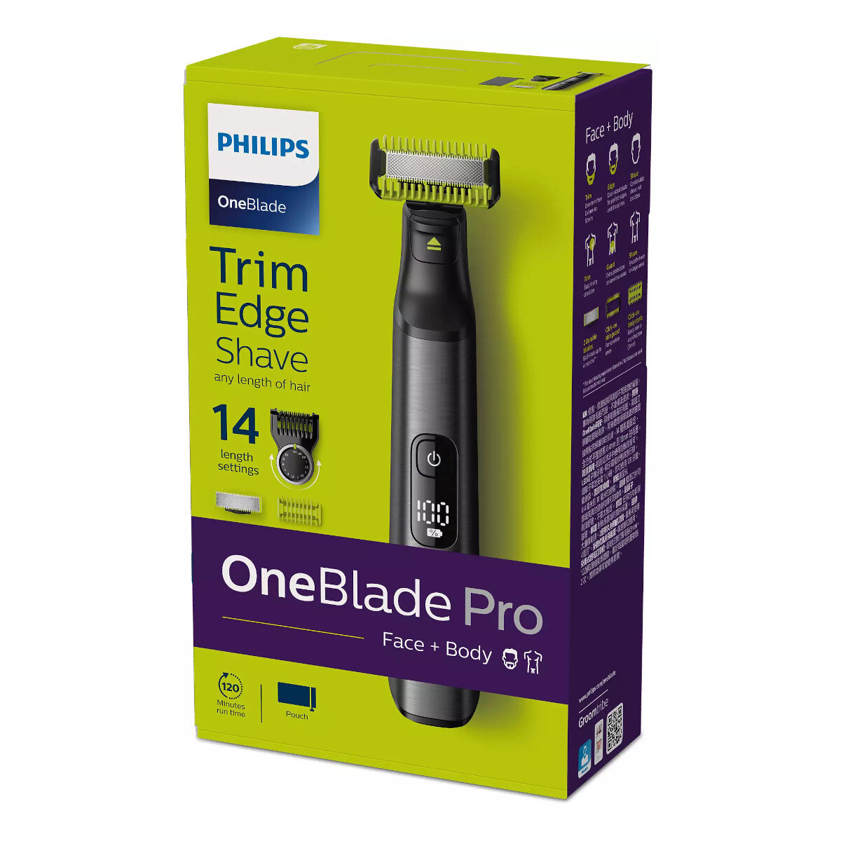 Philips OneBlade Pro z nasadką, wskaźnikiem naładowania i ustawieniami długości.