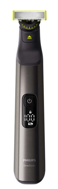 Ciemny trymer Philips OneBlade z cyfrowym wyświetlaczem pokazującym 100% baterii.