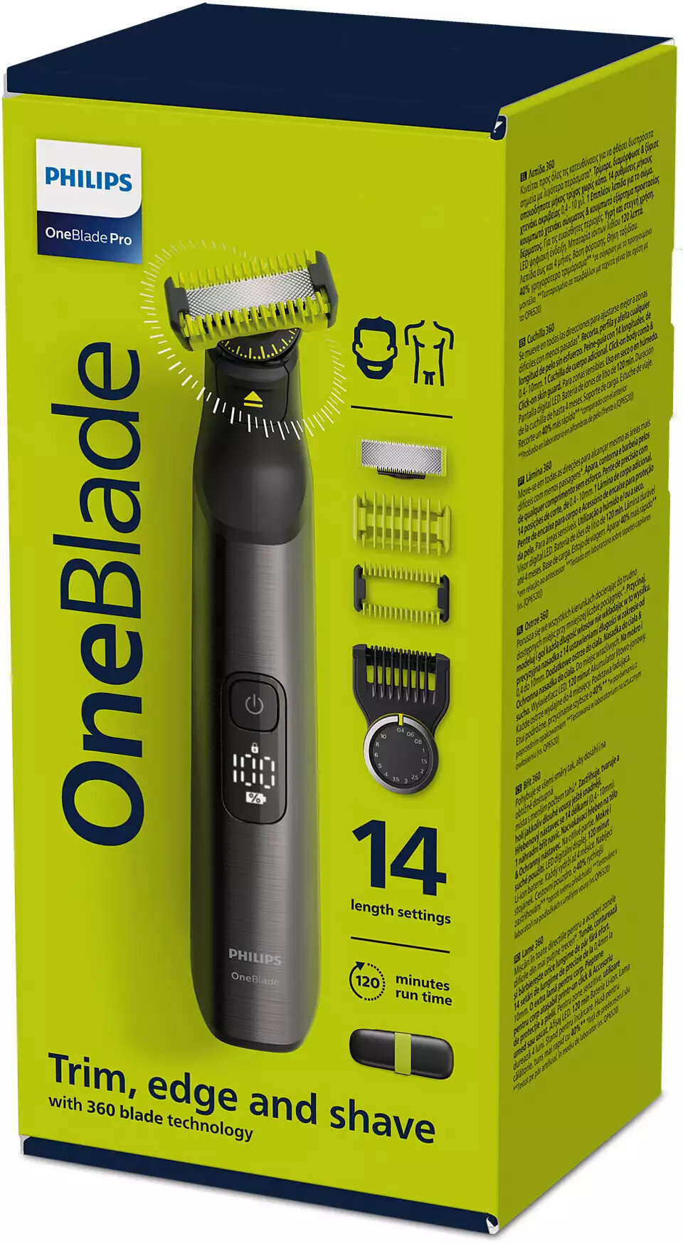 Trymer Philips OneBlade Pro z 14 ustawieniami długości i 120 min pracy.