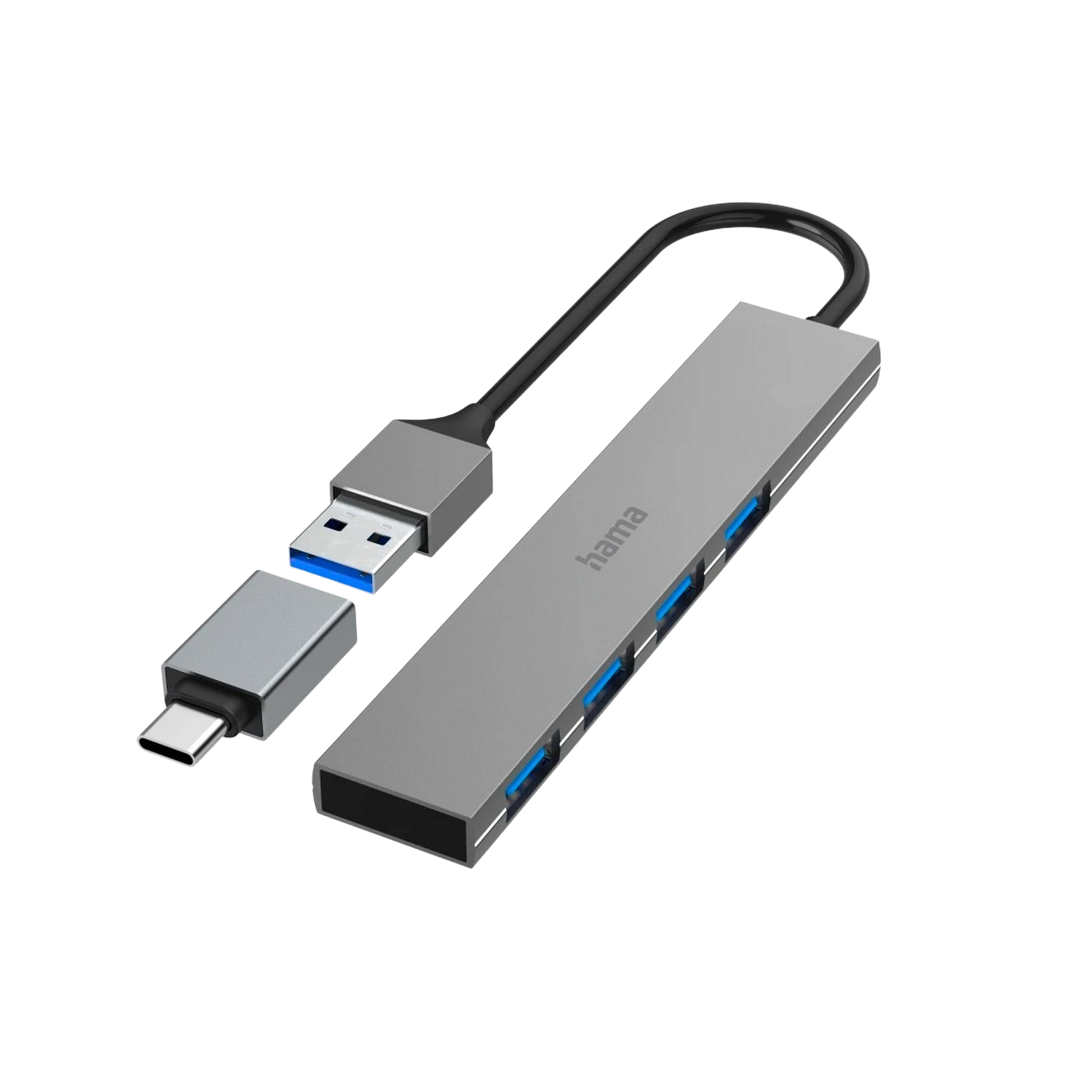 Hub USB argenté avec plusieurs connecteurs USB et USB-C.