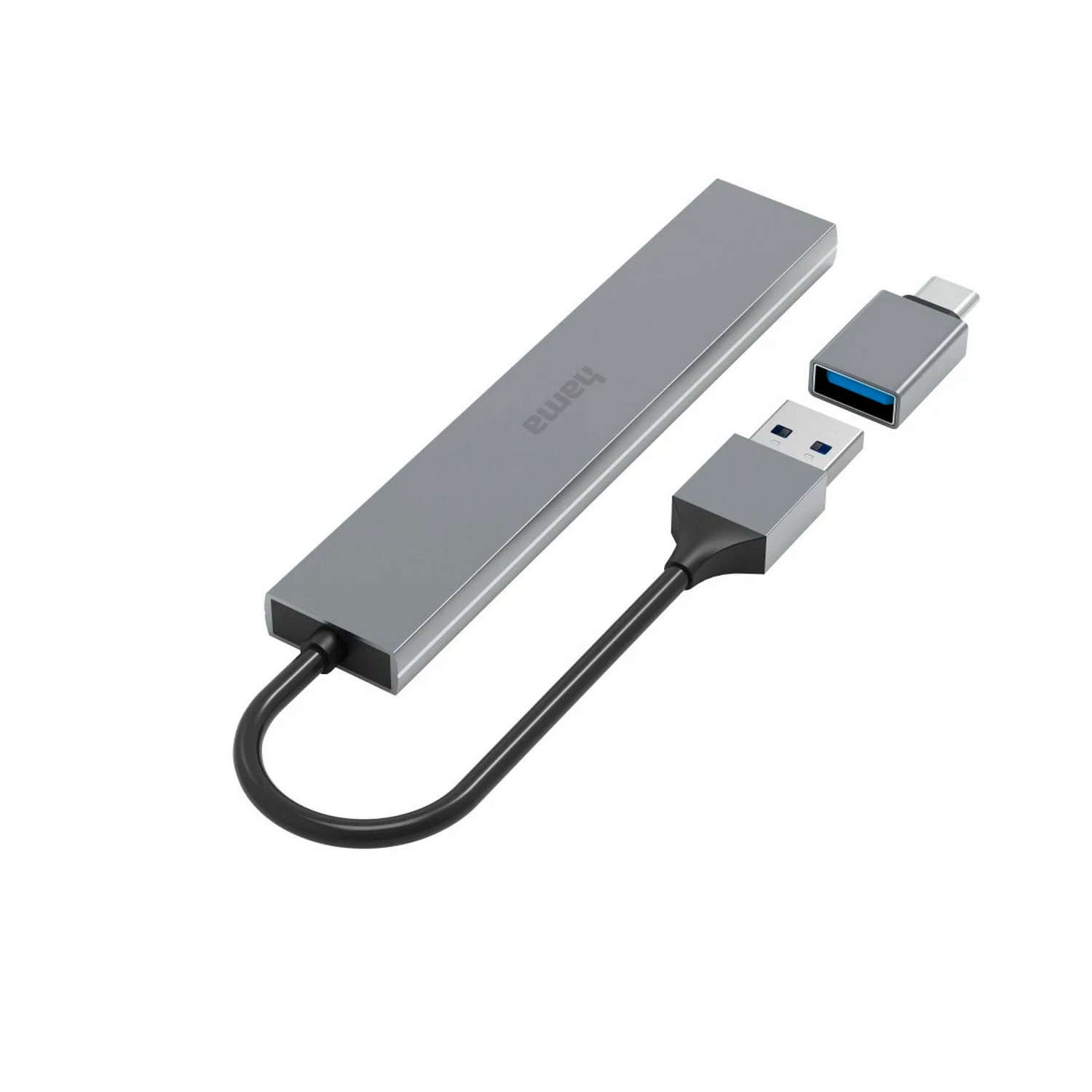 Hub USB-C argenté avec connecteurs USB et USB-C et câble. La marque "hama" est imprimée.