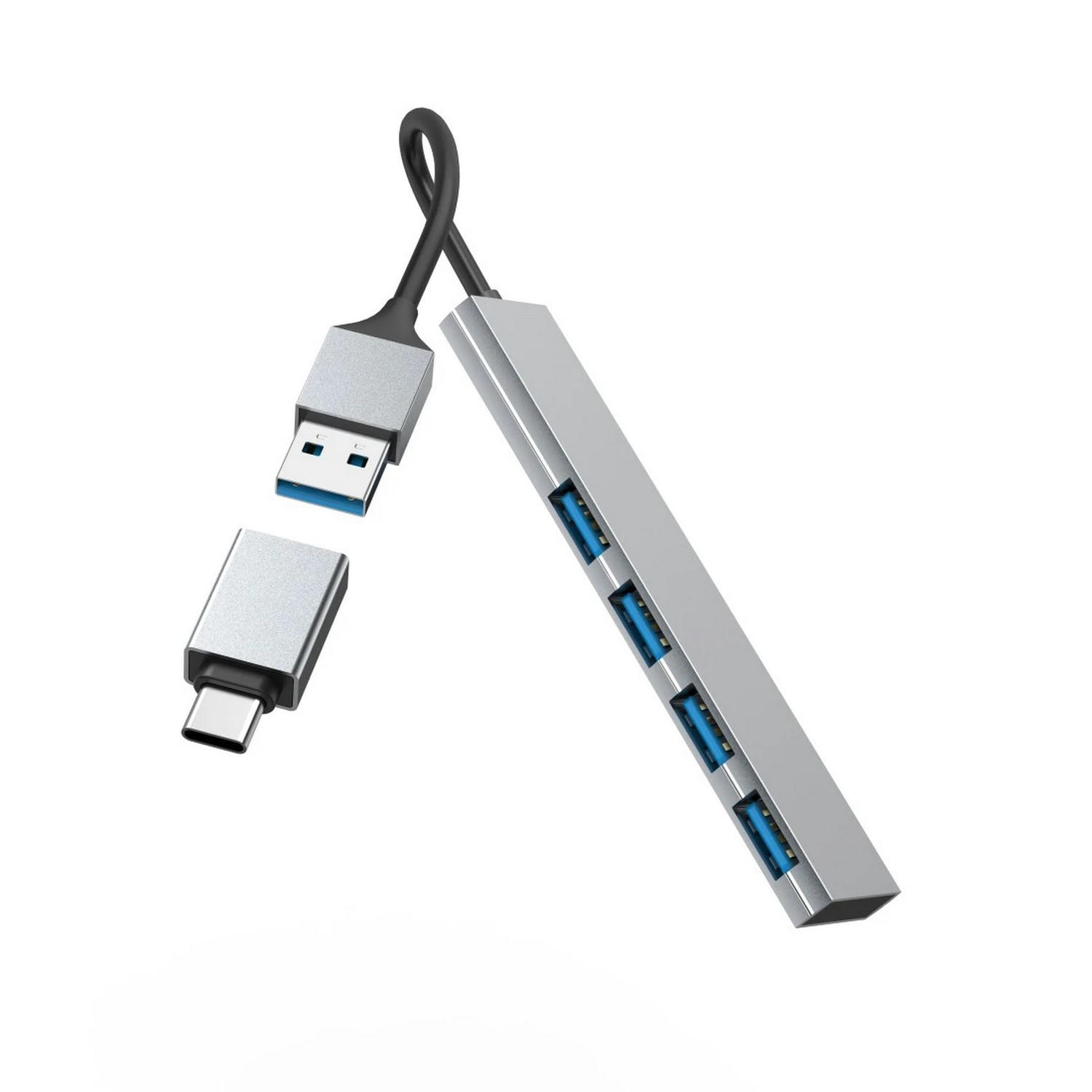 Hub USB argenté avec quatre ports USB bleus et un adaptateur USB-C.