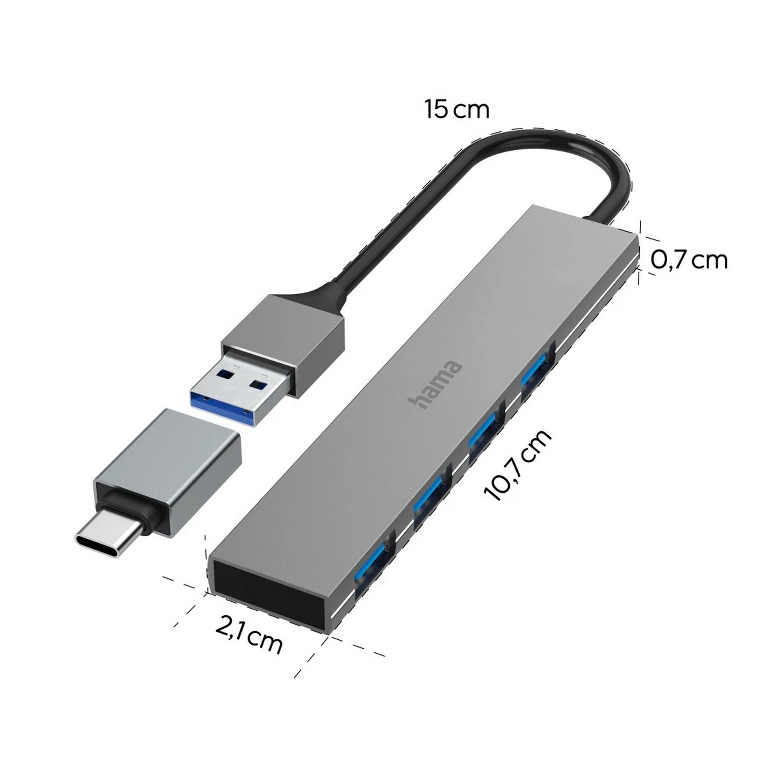 Un hub USB argenté avec connecteurs USB-A et USB-C, avec dimensions.