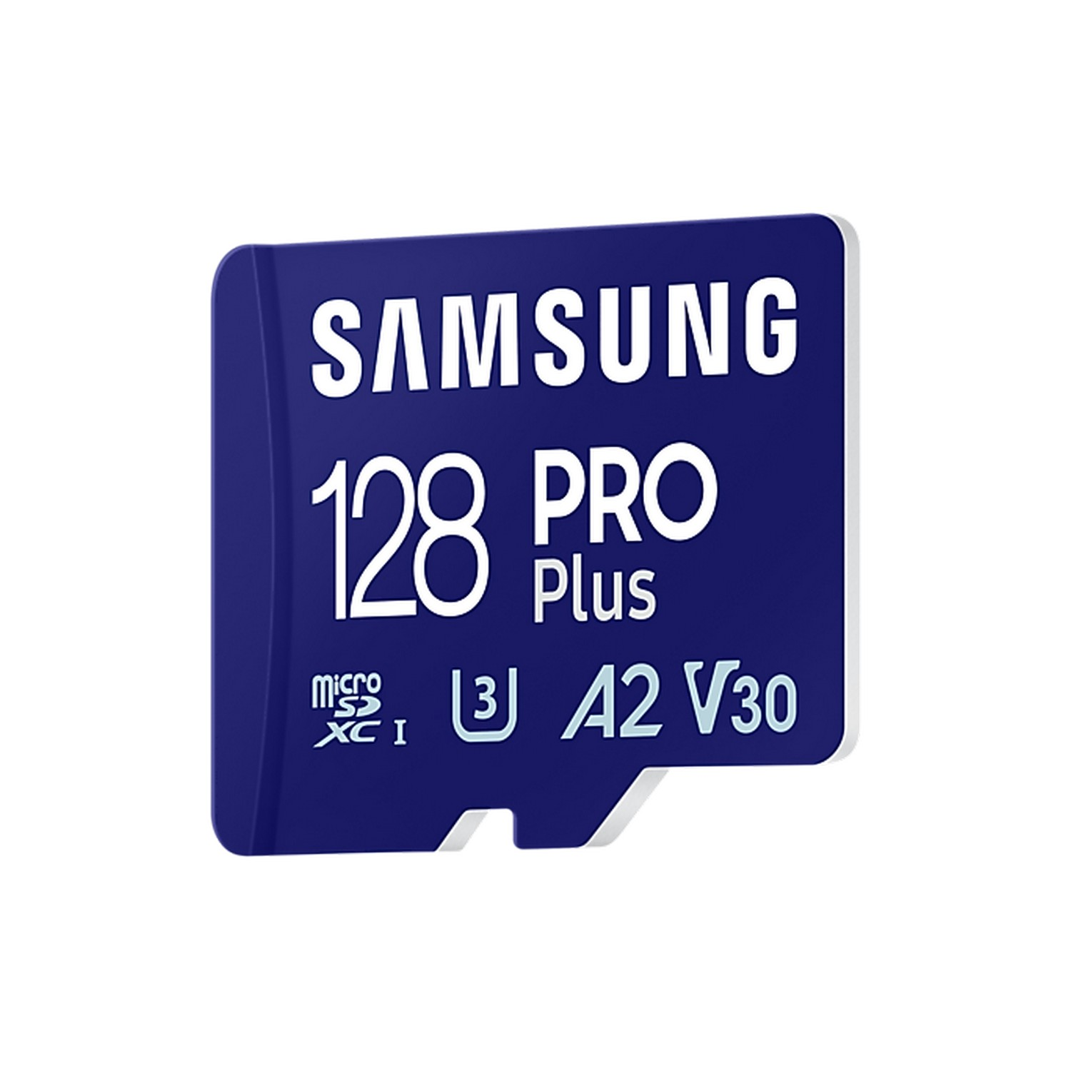 Une carte microSD bleue Samsung 128 PRO Plus avec du texte et des symboles sur fond blanc.