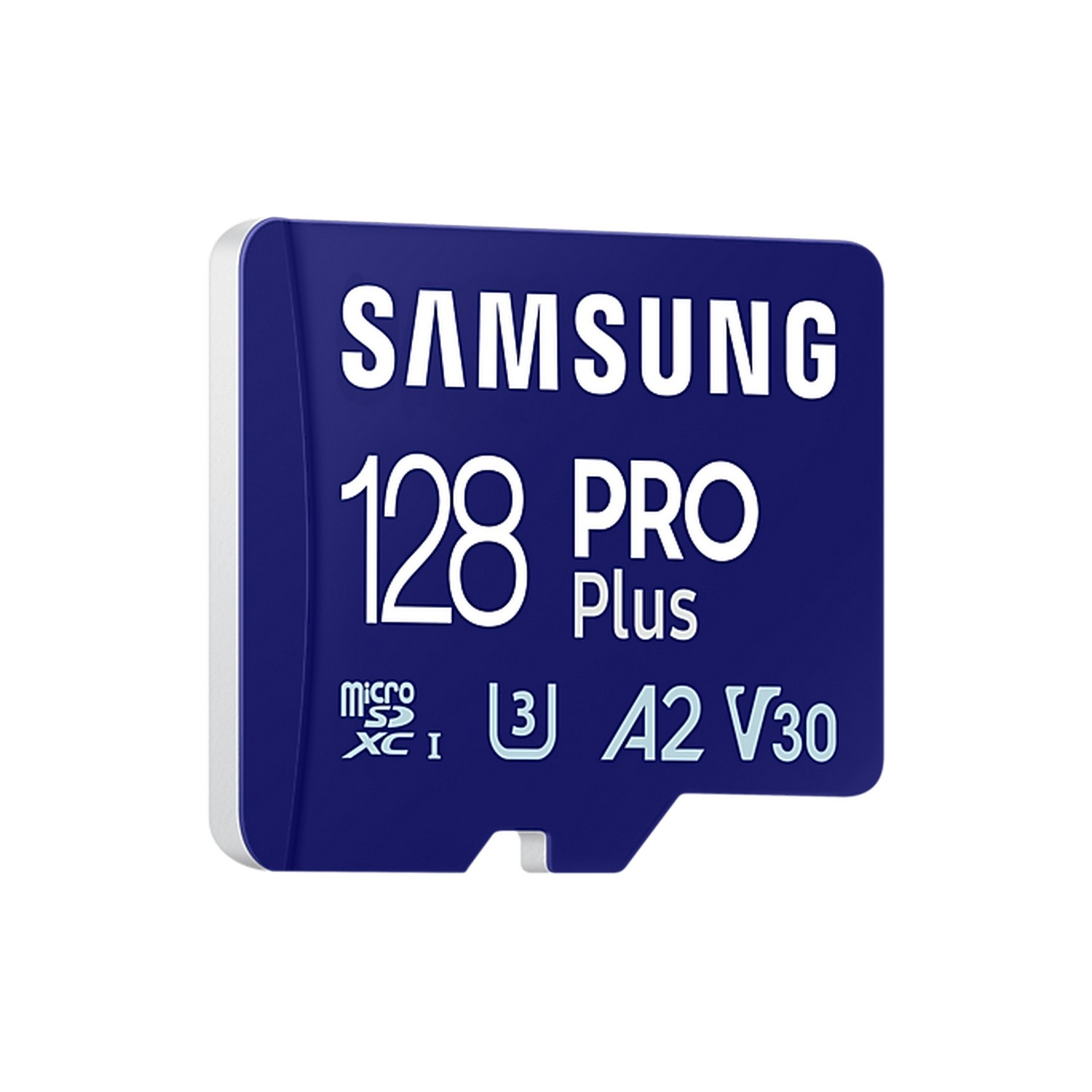 Carte MicroSD Samsung 128 PRO Plus bleue et blanche, avec texte et logos.