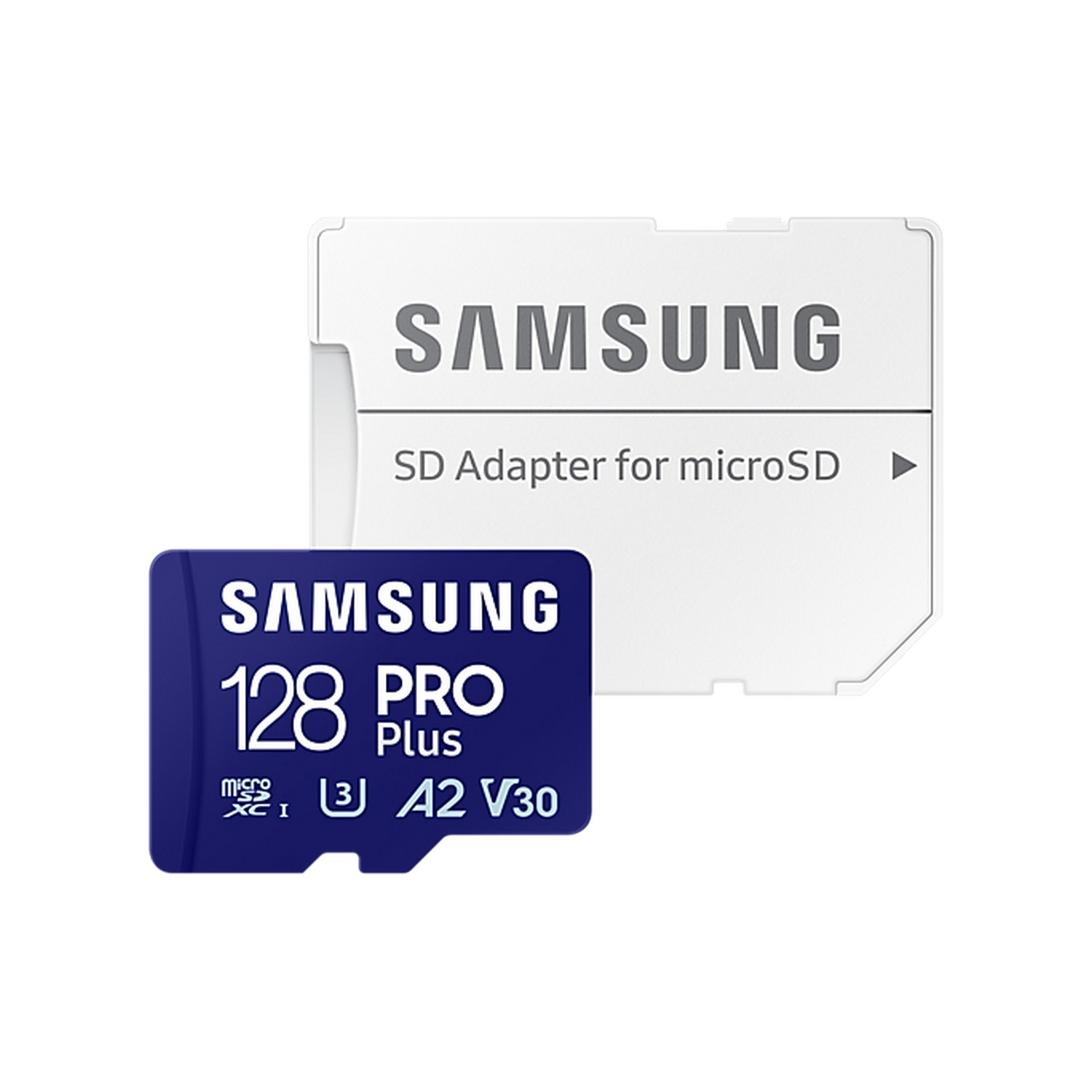 Une carte SD et un adaptateur Samsung bleus et blancs sur fond blanc, avec du texte.