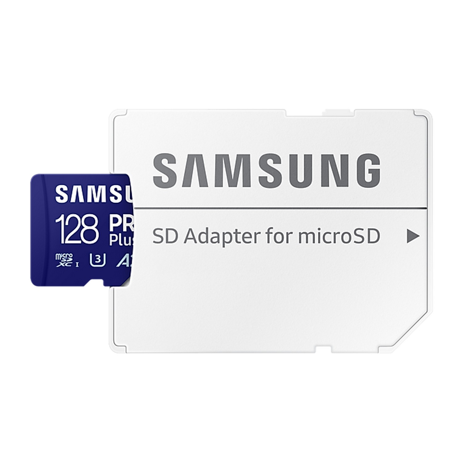 Carte mémoire Samsung avec adaptateur SD pour microSD, fond blanc.