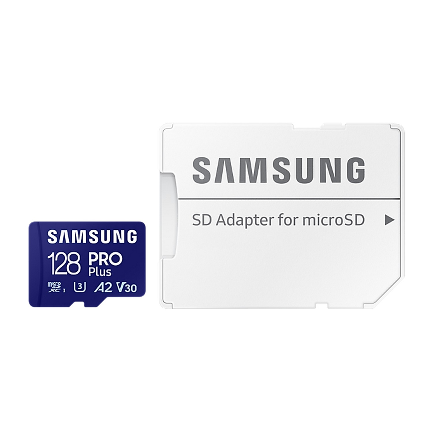 Une carte microSD Samsung 128 Go et un adaptateur SD sur fond blanc.