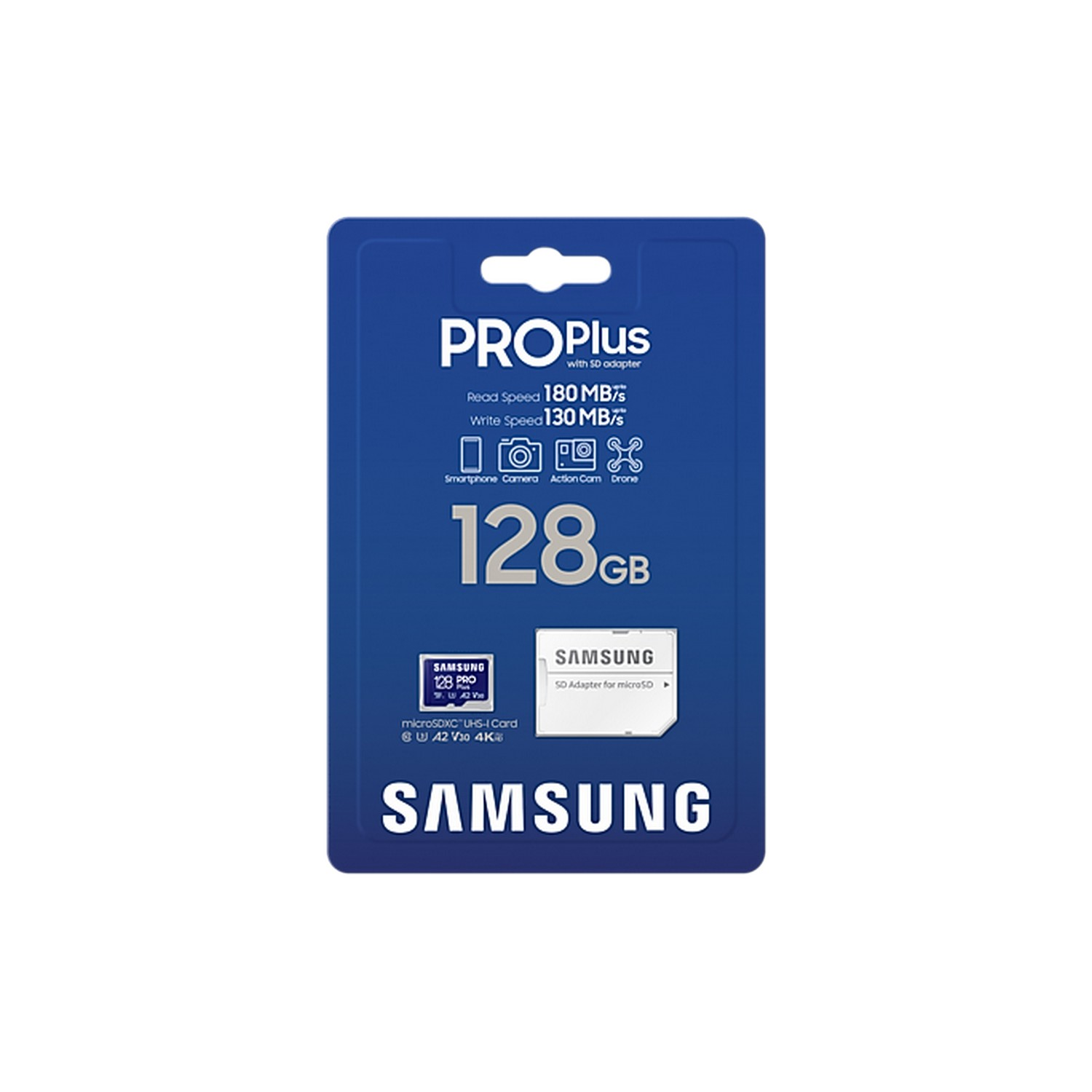 Une carte MicroSD Samsung Pro Plus 128 Go avec un adaptateur, dans un emballage bleu. Le texte inclut les vitesses de lecture/écriture.