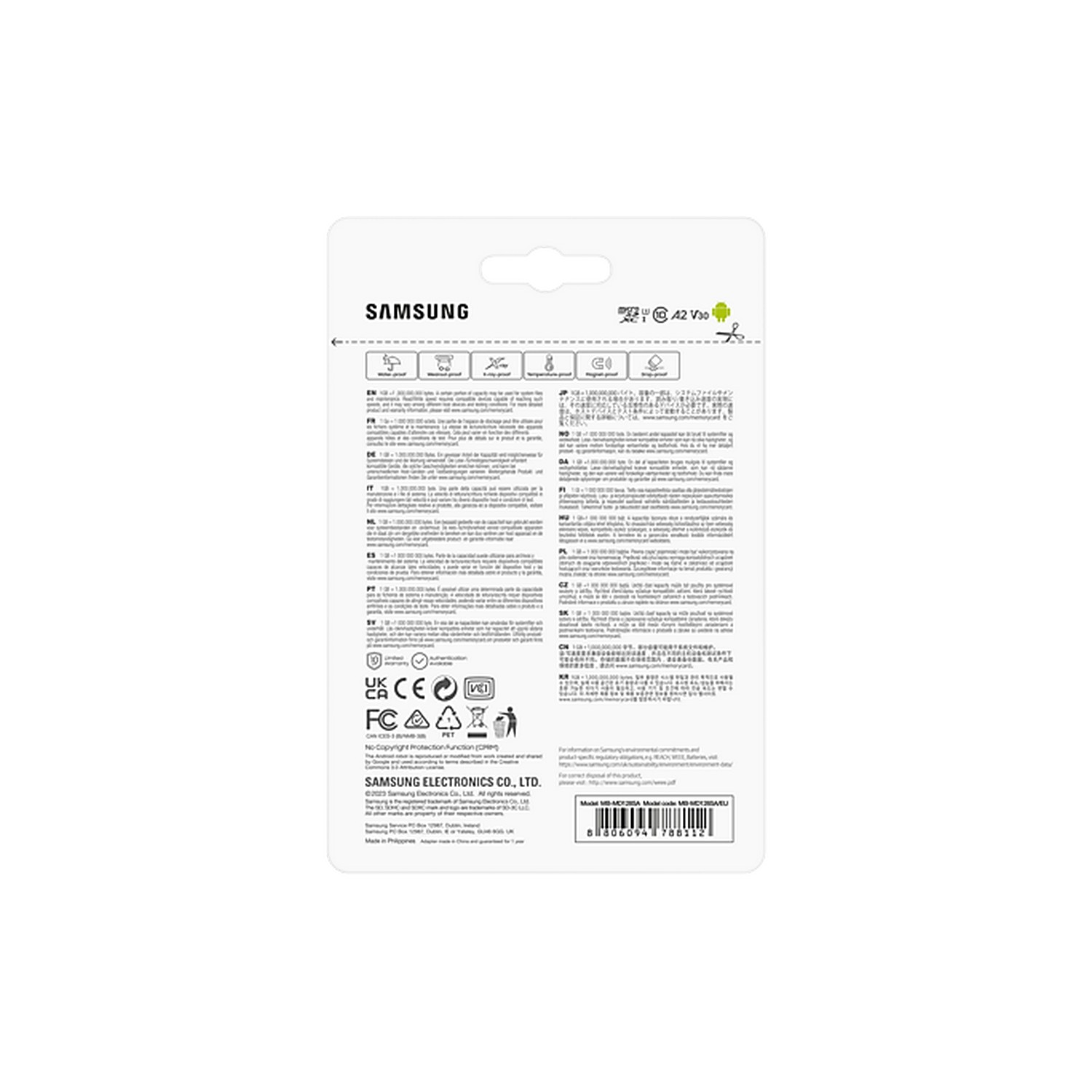 Dos d'un emballage de carte mémoire Samsung avec icônes, texte et code-barres.