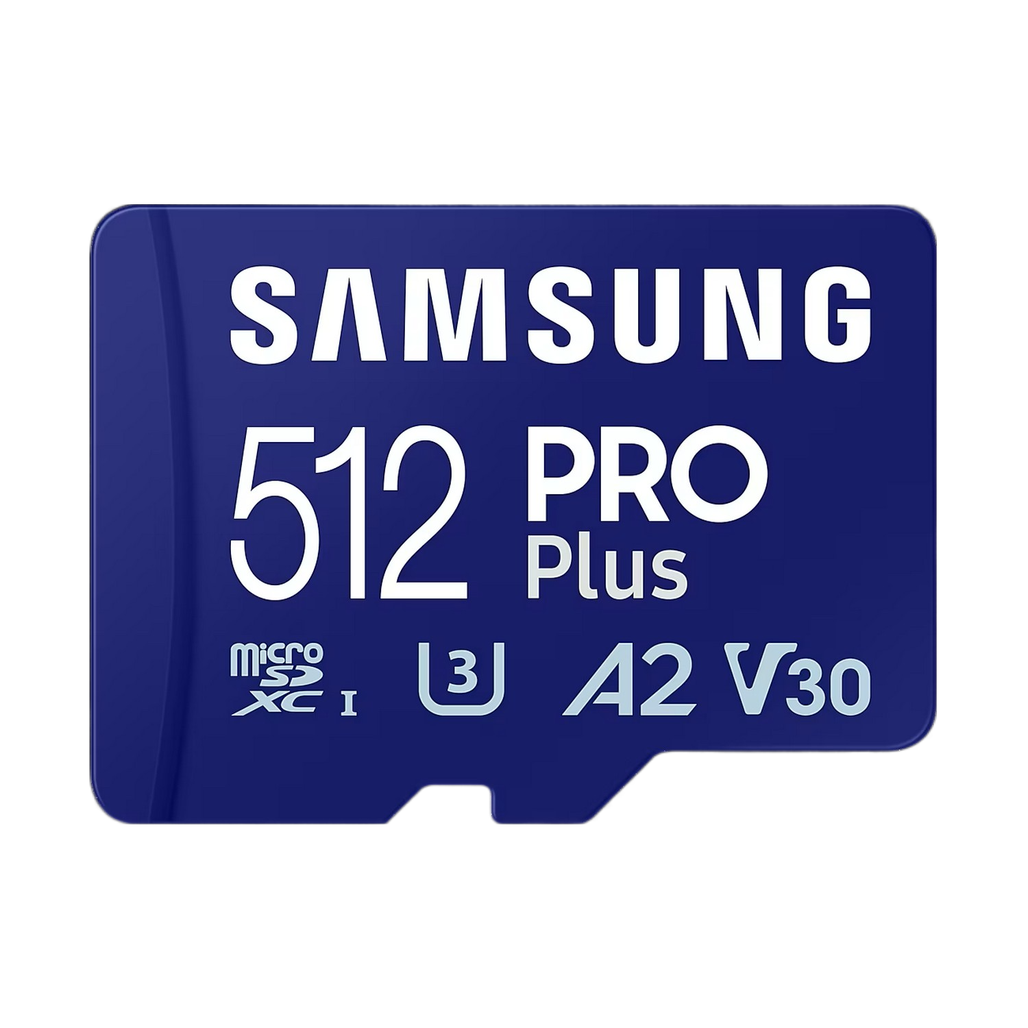 Carte microSD bleue Samsung 512Go Pro Plus avec texte blanc.