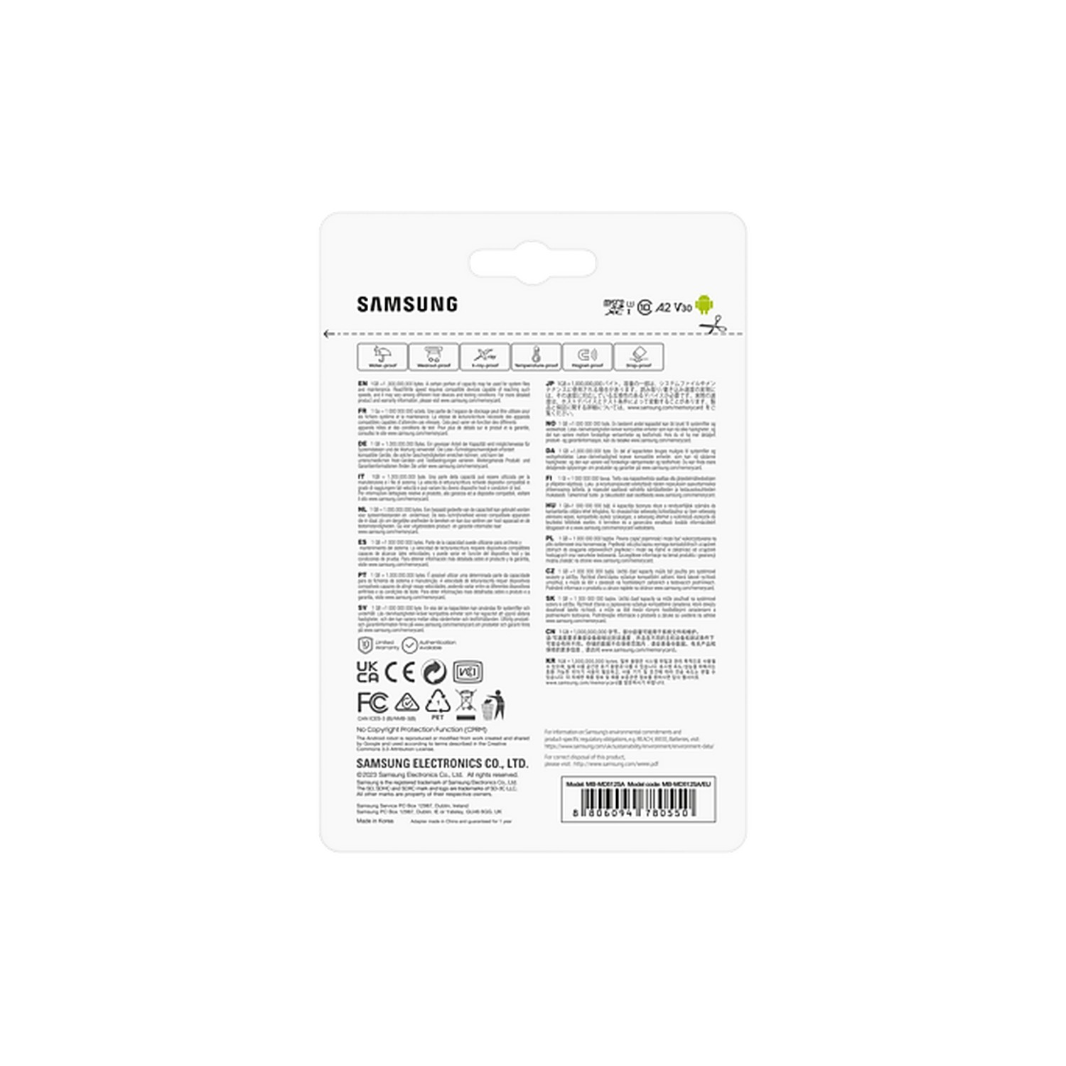Dos d'un emballage de carte mémoire Samsung avec icônes, texte et code-barres.