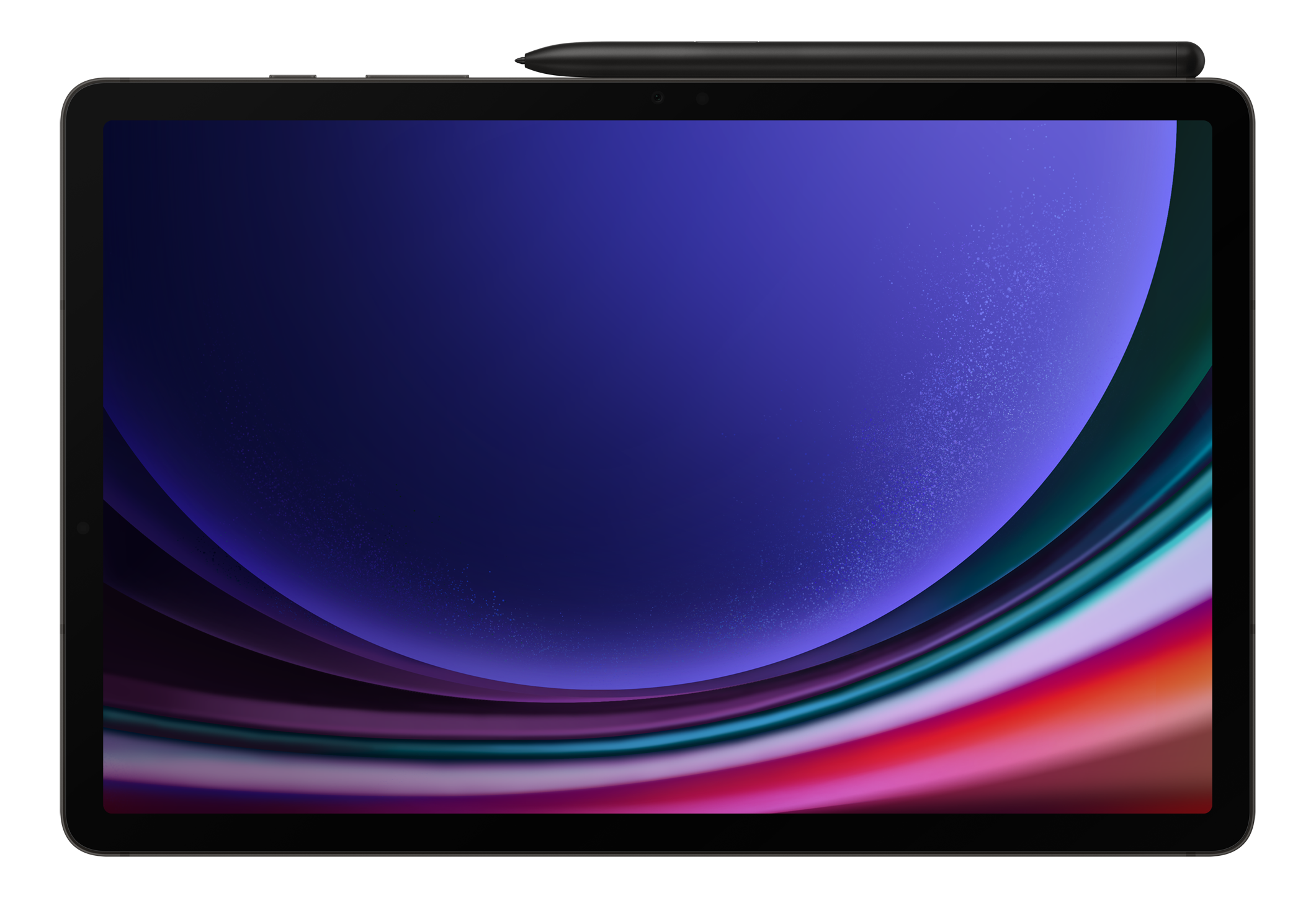 Une tablette avec un cadre noir et un écran affichant un design abstrait coloré.