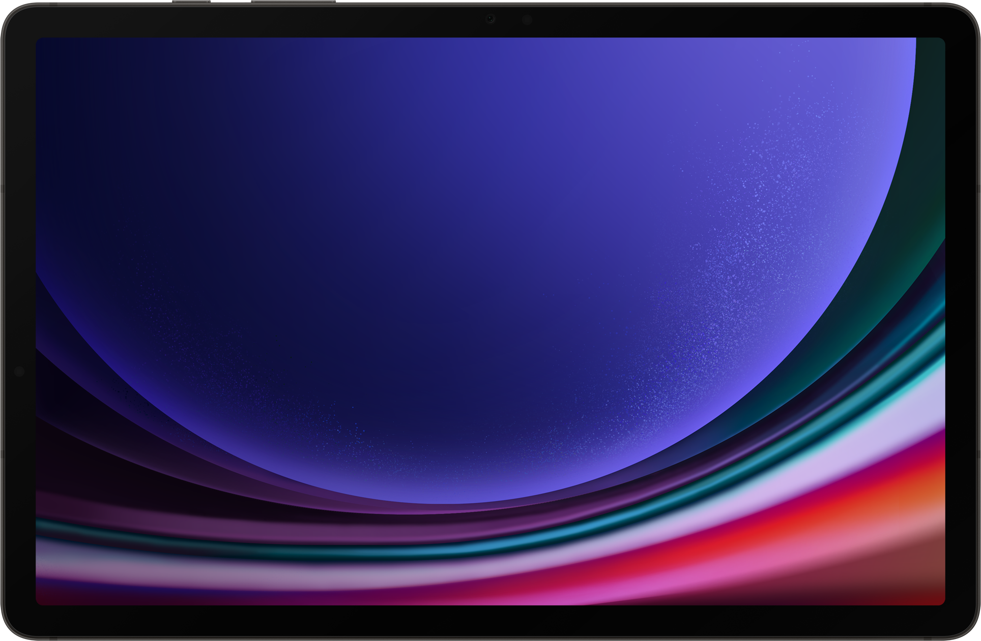 Une tablette noire avec un fond abstrait coloré de courbes bleues, violettes et rouges.