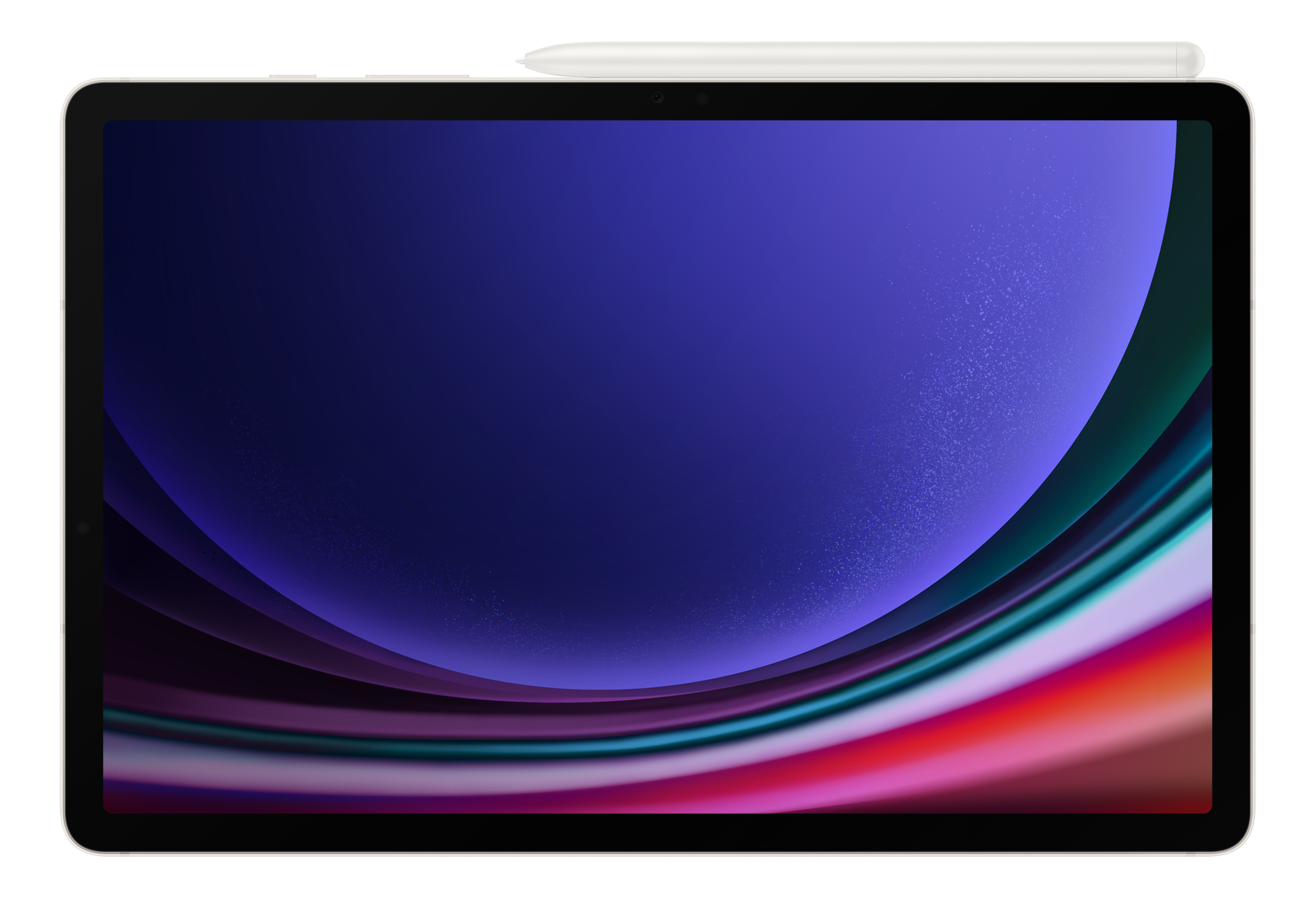 Ein Tablet mit einem lebendigen, abstrakten Hintergrund und einem Stift.
