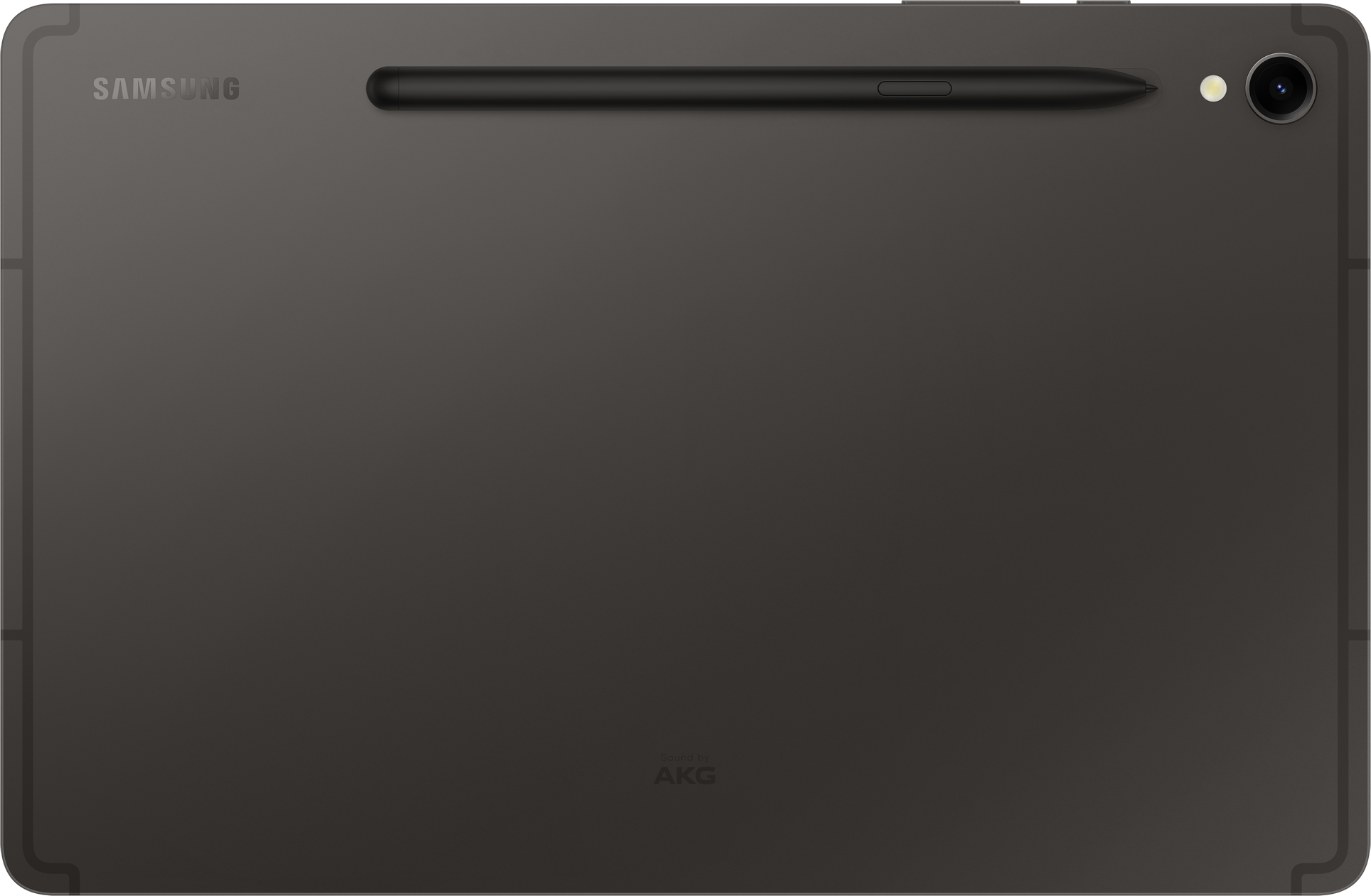 Rückansicht eines dunkelgrauen Samsung Tablets mit Stift, Kamera und AKG-Logo.