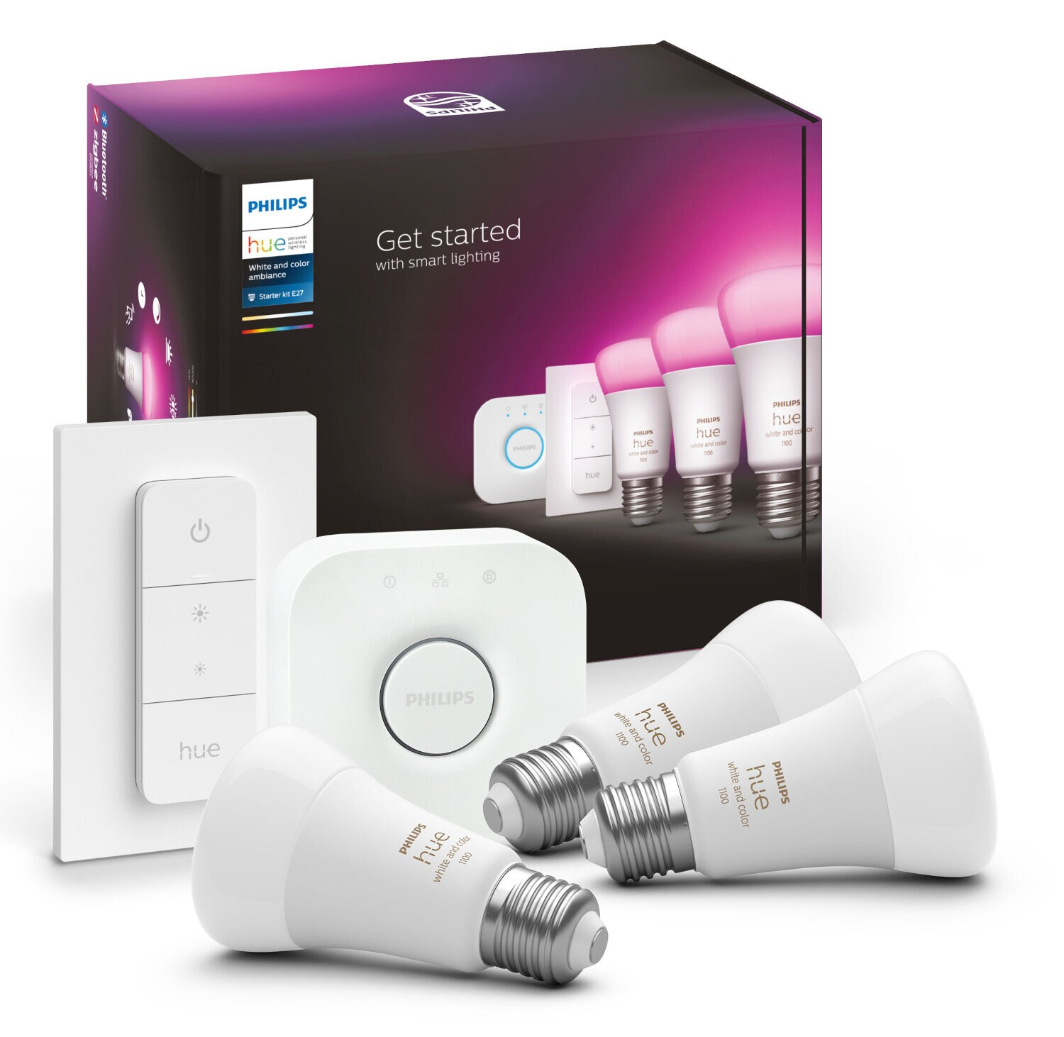 Zestaw inteligentnego oświetlenia Philips Hue z kilkoma żarówkami.