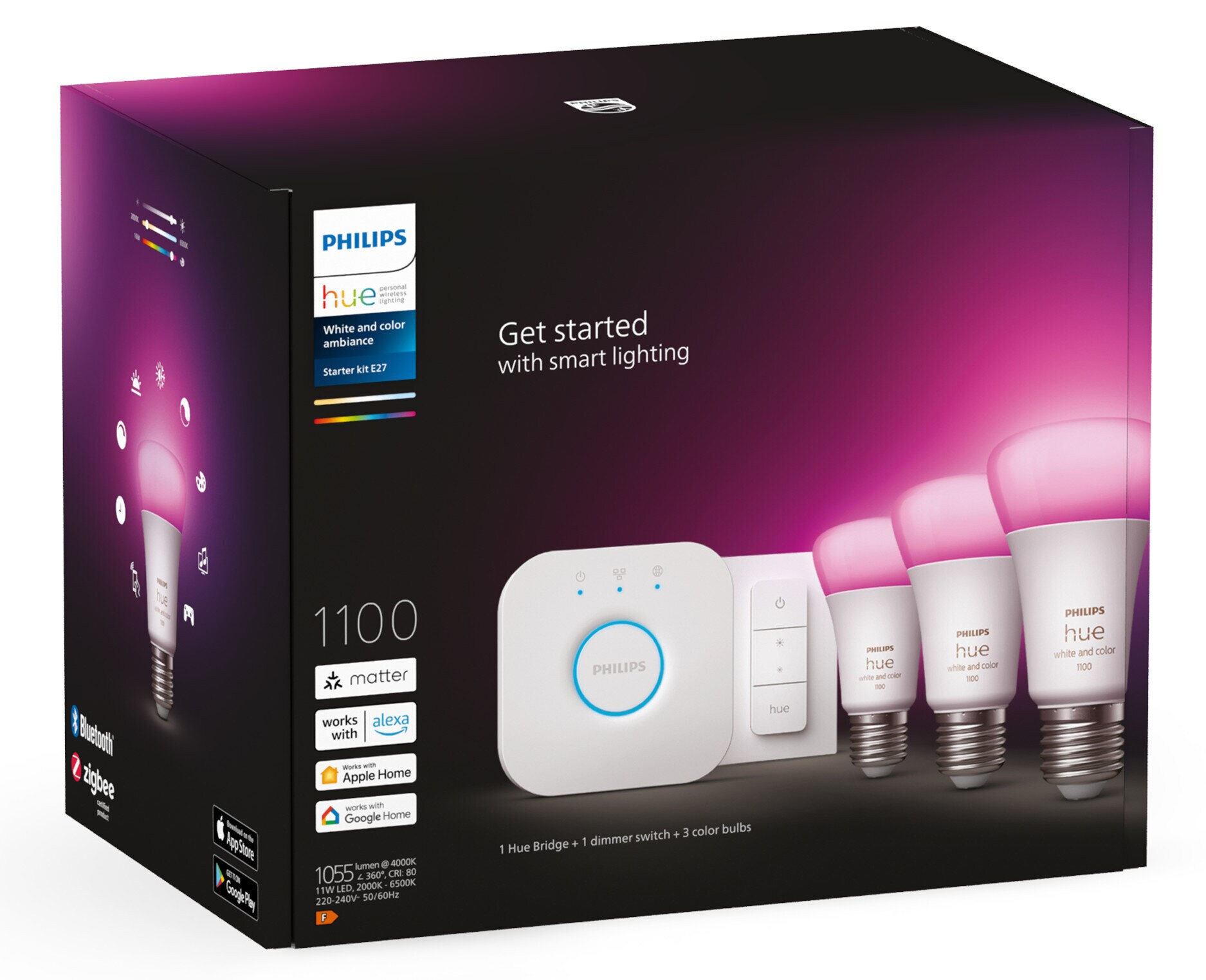 Pudełko oświetlenia inteligentnego Philips Hue, z żarówkami, mostkiem i ściemniaczem.