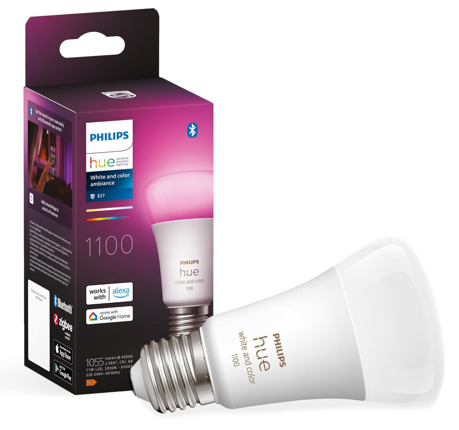 Żarówka i pudełko Philips Hue, wyświetlające funkcje białego i kolorowego nastroju, z żarówką obok pudełka.