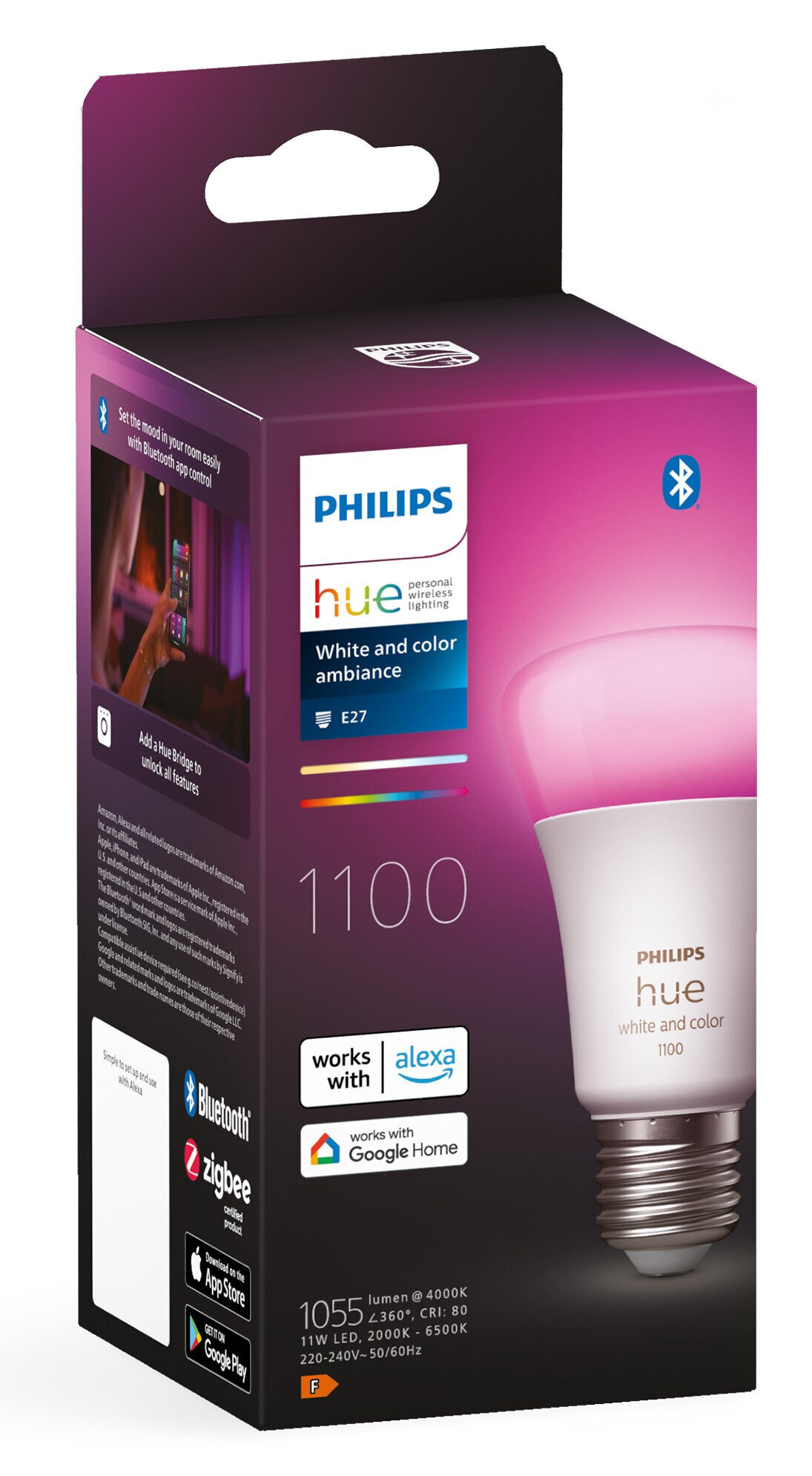 Pudełko żarówki Philips Hue. Pudełko jest biało-różowe, ze zdjęciem żarówki i tekstem.