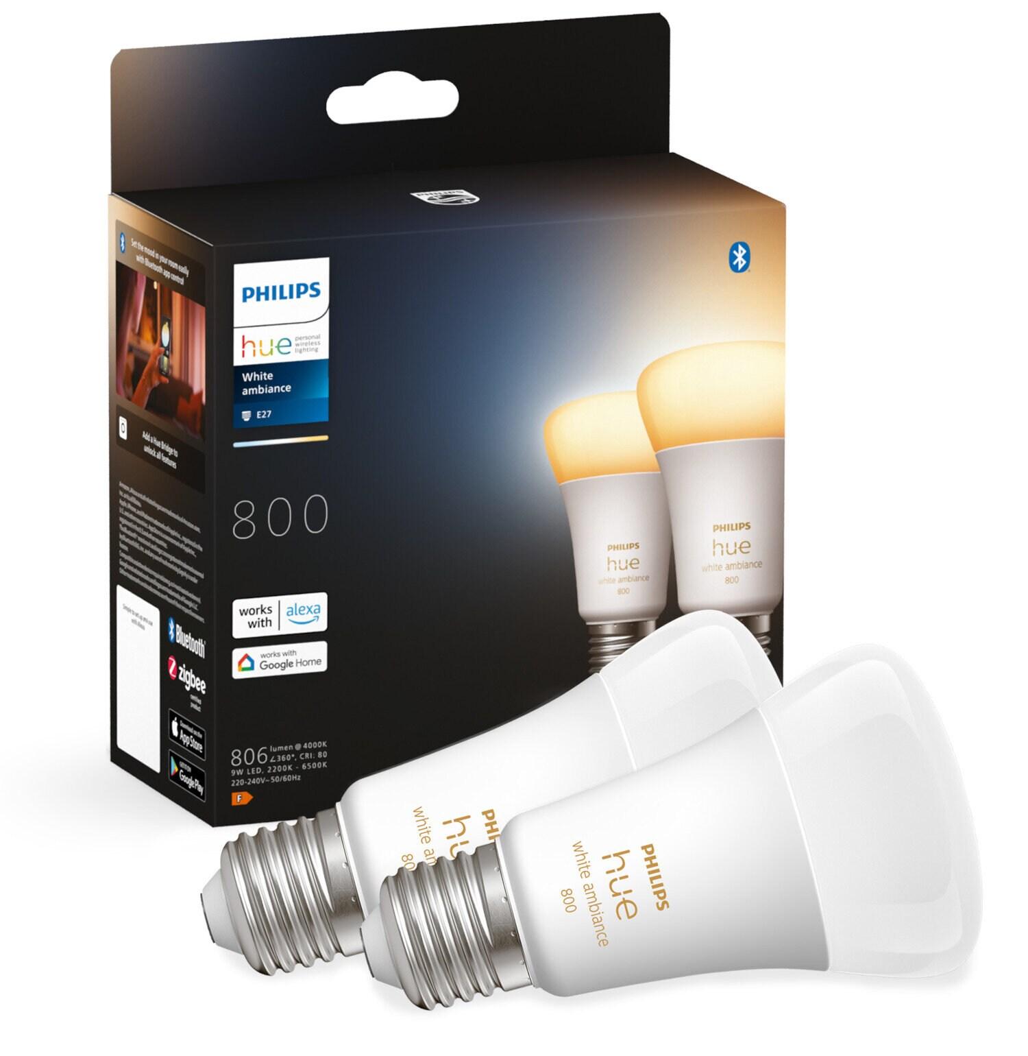 Pudełko żarówek Philips Hue white ambiance. Widoczne dwie żarówki, czarne tło.