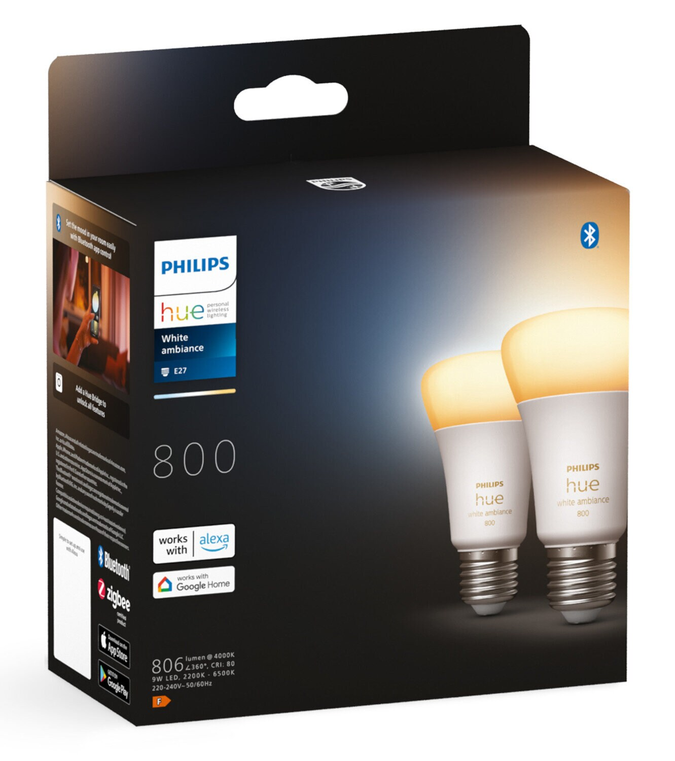 Pudełko żarówek Philips Hue z obrazem żarówek i informacjami o produkcie.