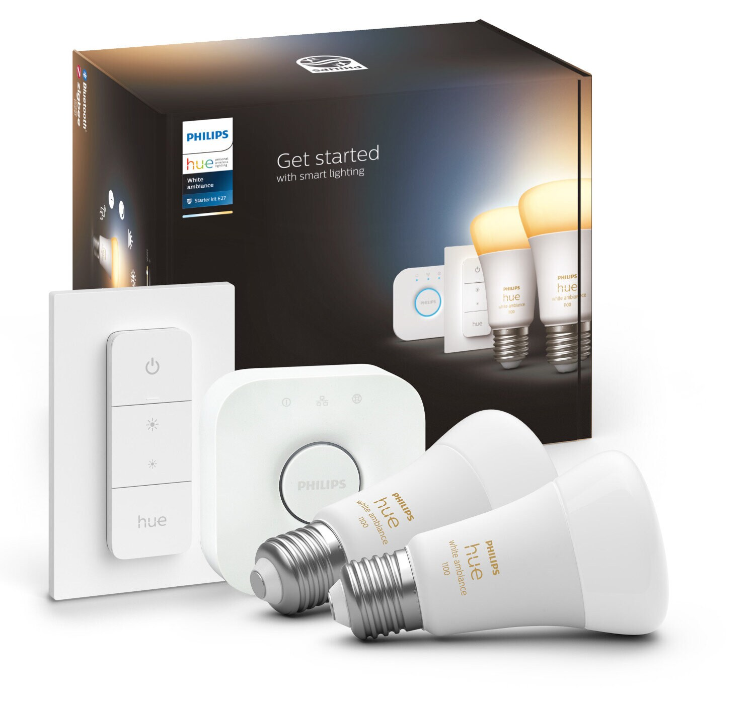 Zestaw inteligentnego oświetlenia Philips Hue z żarówkami, hubem i ściemniaczem.