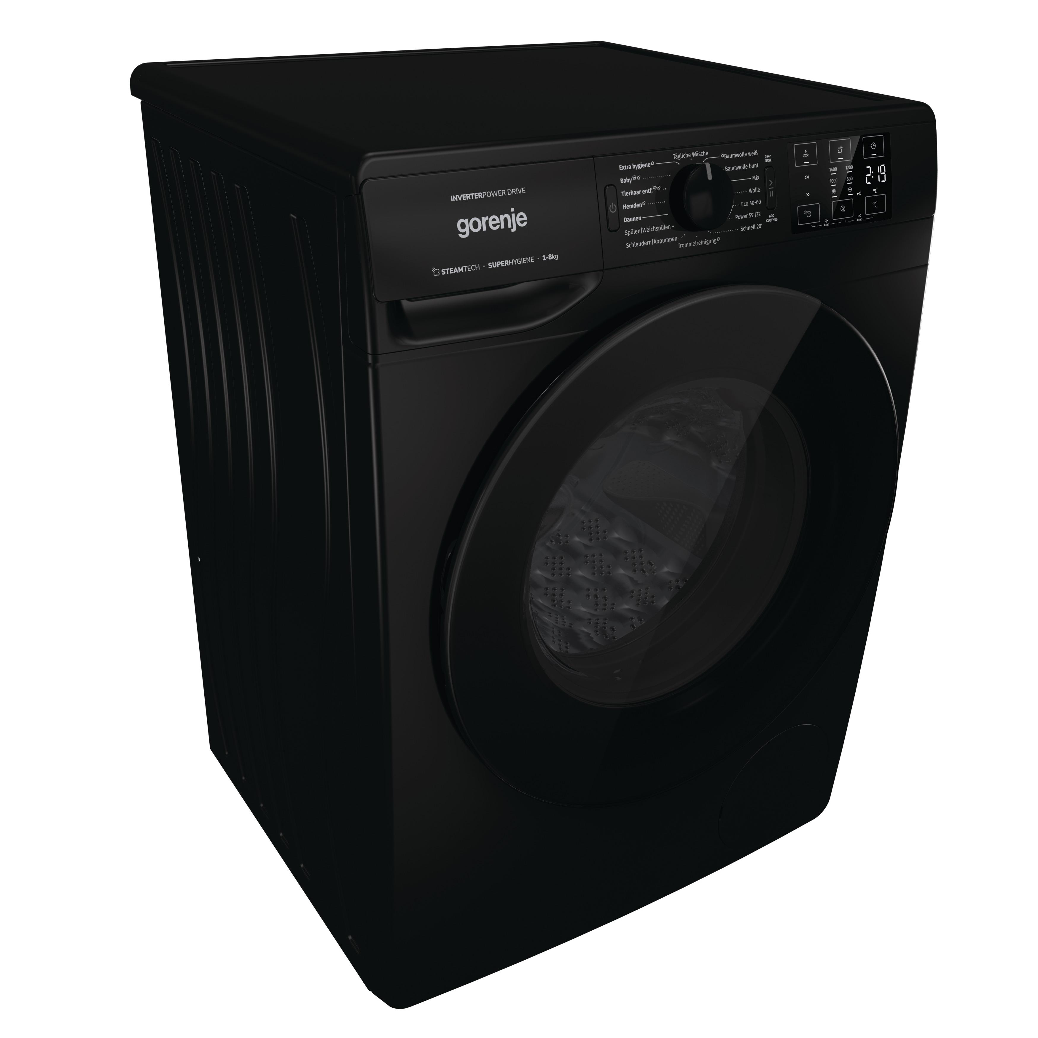 Eine schwarze Gorenje Waschmaschine mit runder Tür und Bedienfeld.