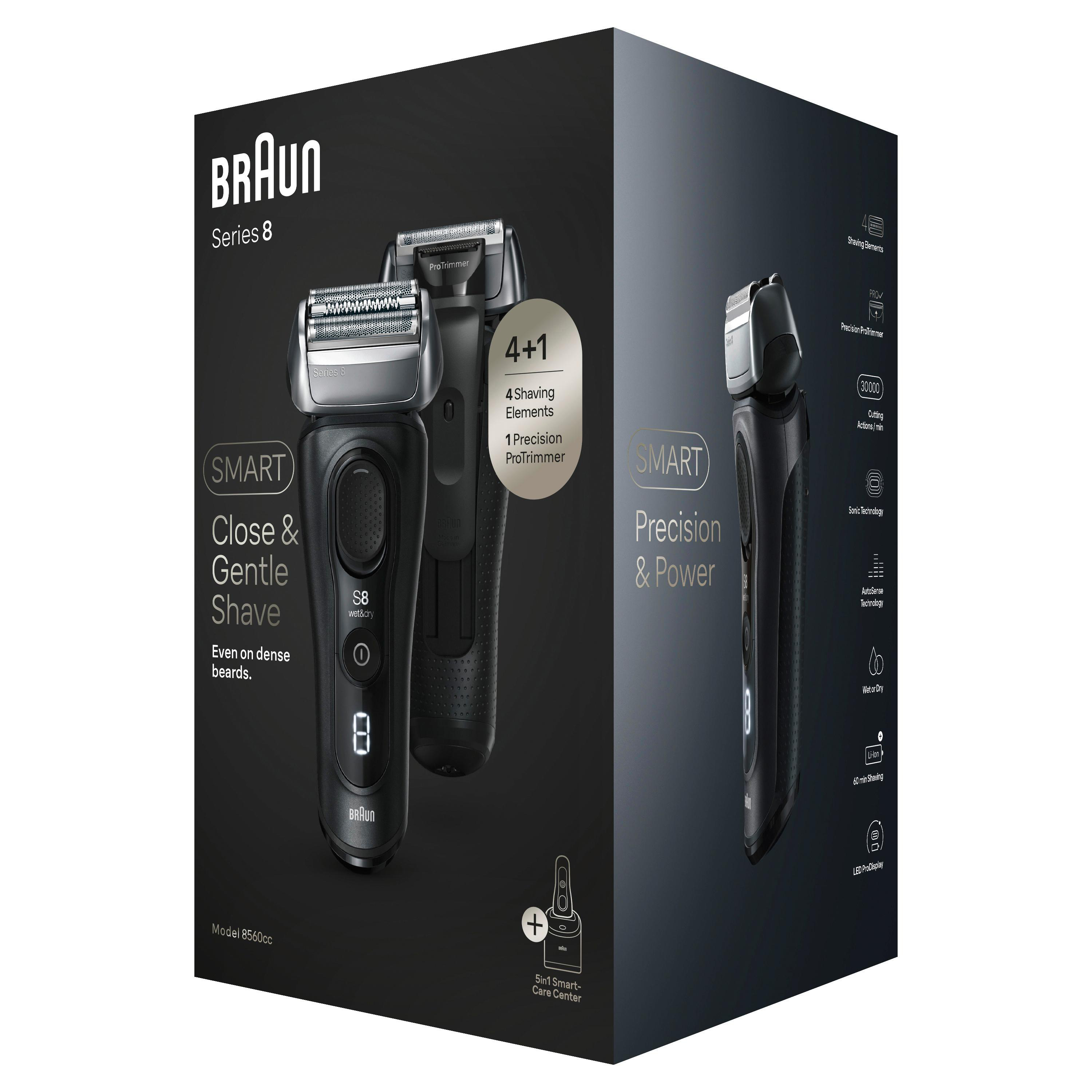 Eine schwarze Braun Series 8 Elektrorasierer-Verpackung. Sie zeigt den Rasierer und Details.
