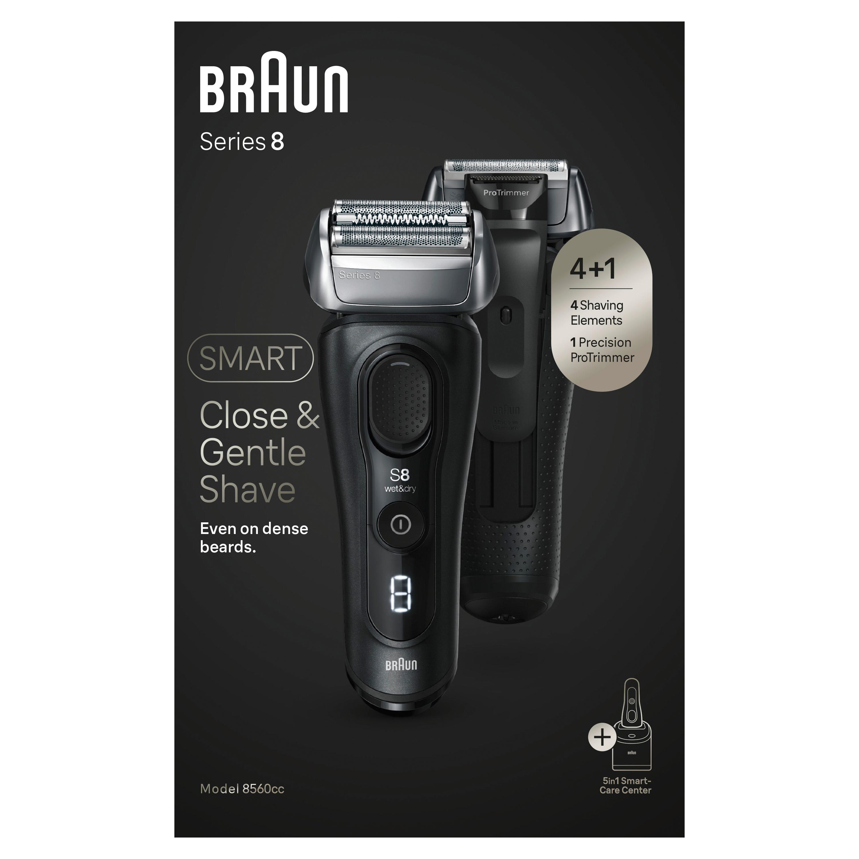 Ein elektrischer Rasierer der Braun Series 8 und seine Ladestation auf schwarzem Hintergrund.