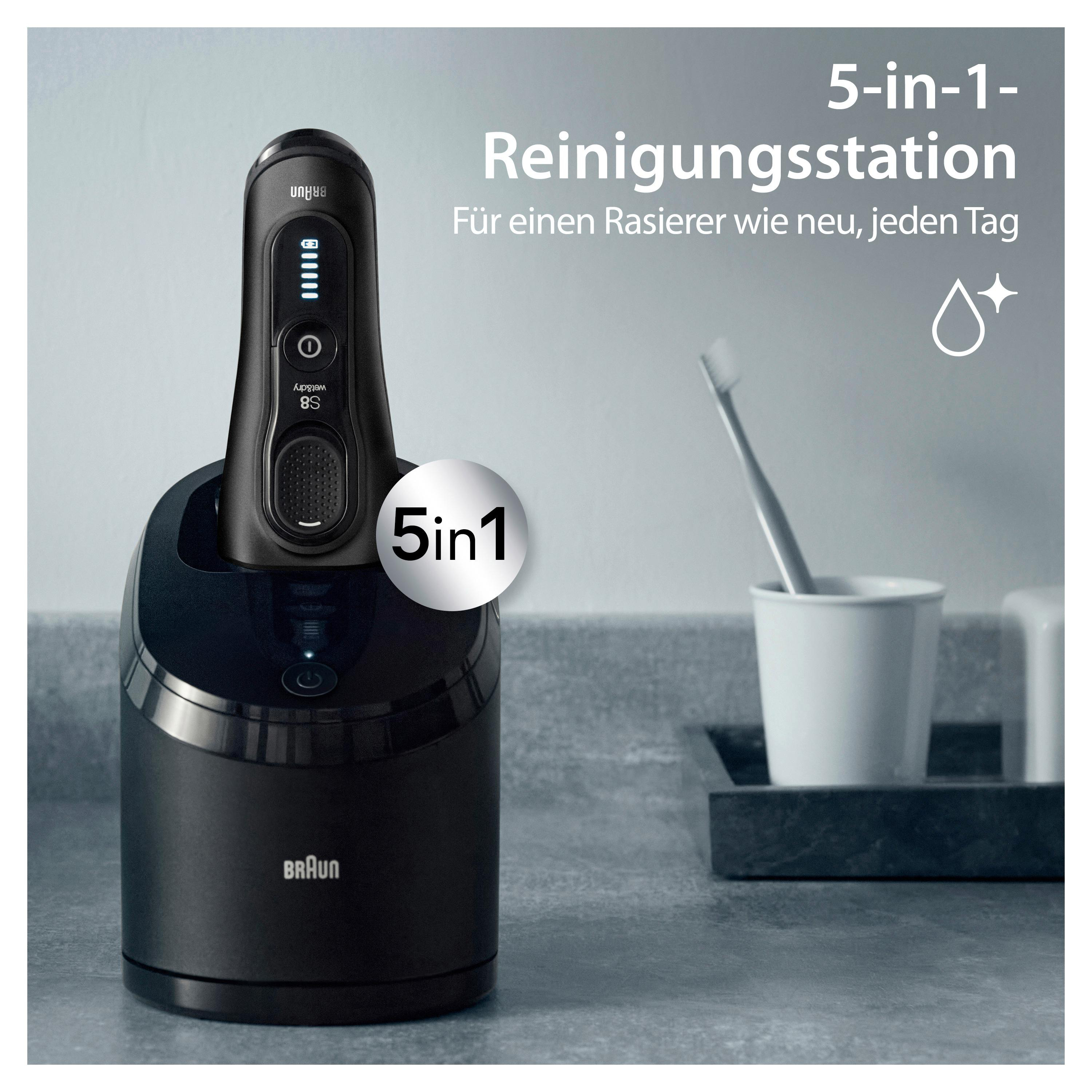 Elektrischer Rasierer in Ladestation, Braun, mit Text auf Deutsch, weißer Hintergrund.