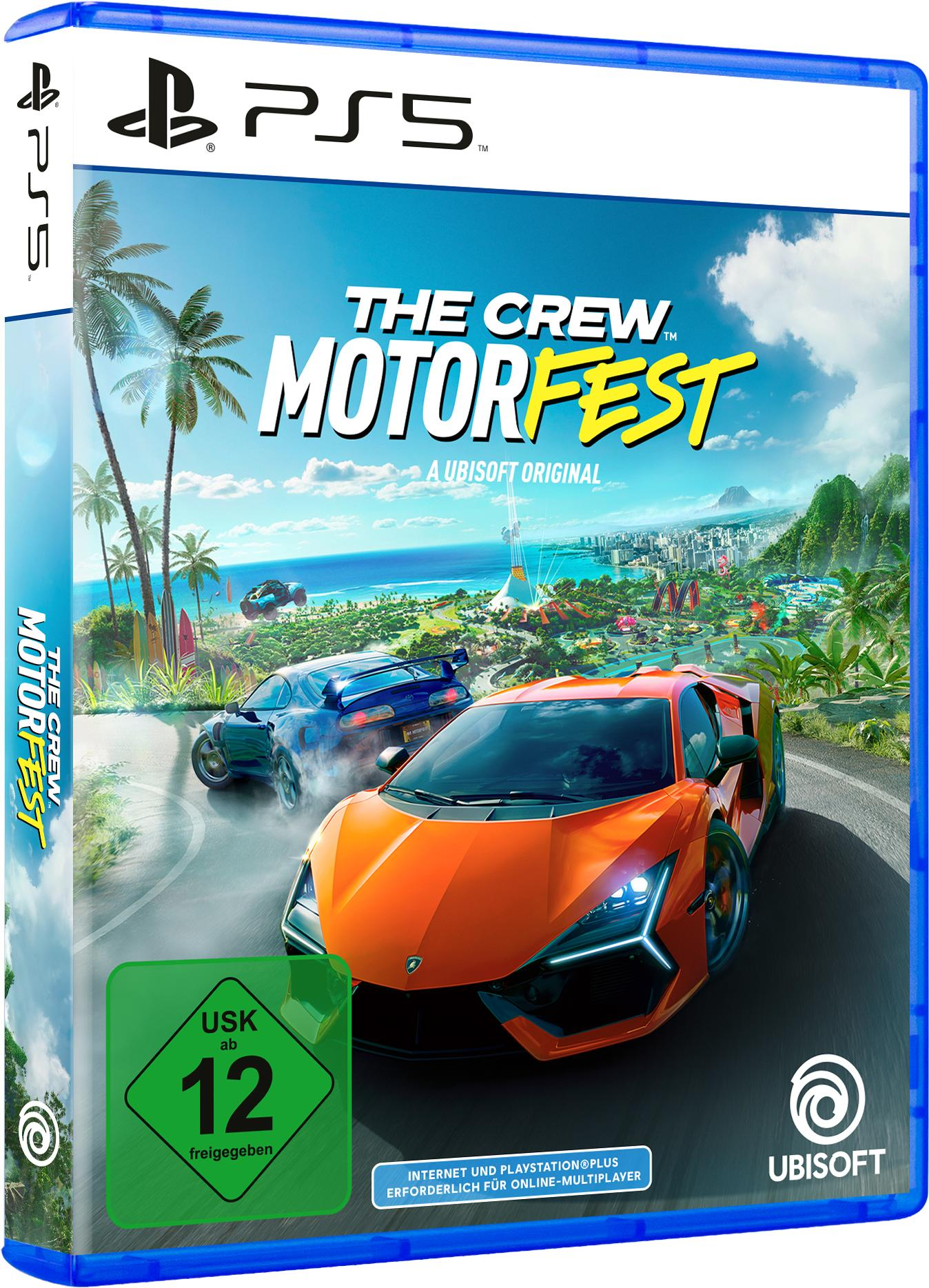 PS5-Spielverpackung für The Crew Motorfest. Zeigt eine Autorenn-Szene mit einem orangefarbenen Sportwagen.