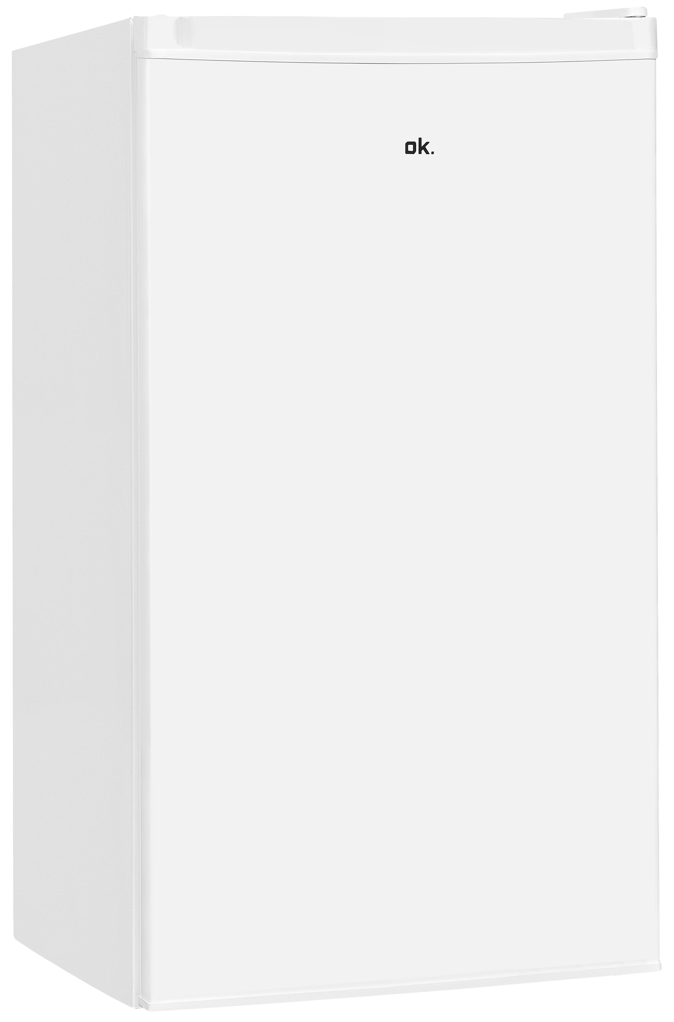 Weißer Kühlschrank mit dem Wort "ok." auf der Tür.