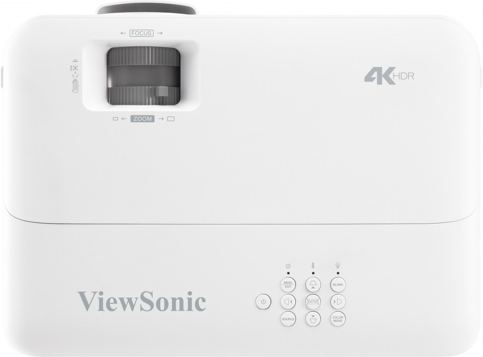 Egy fehér ViewSonic projektor. Gombokat és zoom opciókat mutat.