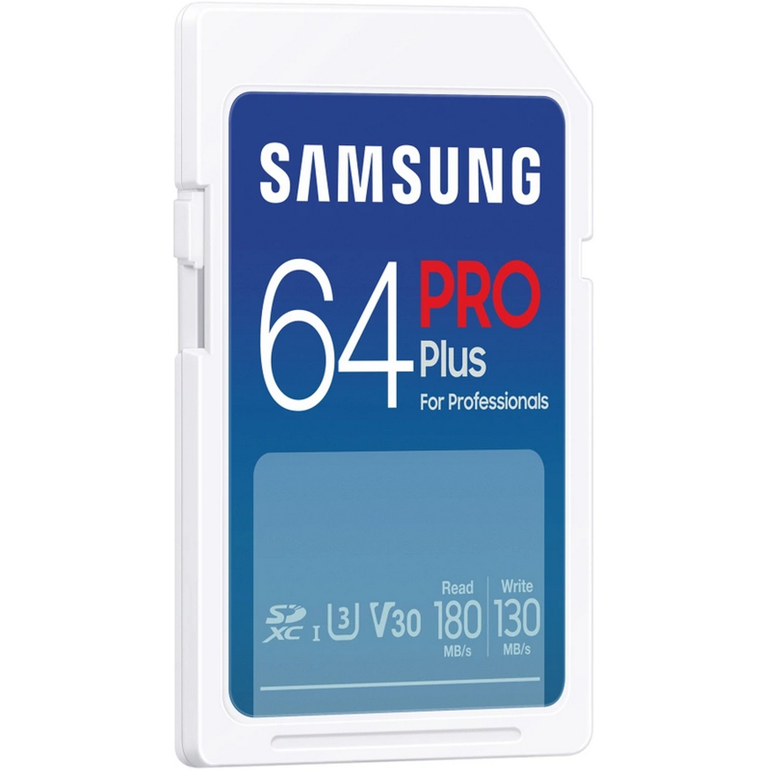 Samsung 64GB Pro Plus SD card. Blue and white colors. Text: For Professionals, read 180MB/s, write 130MB/s.