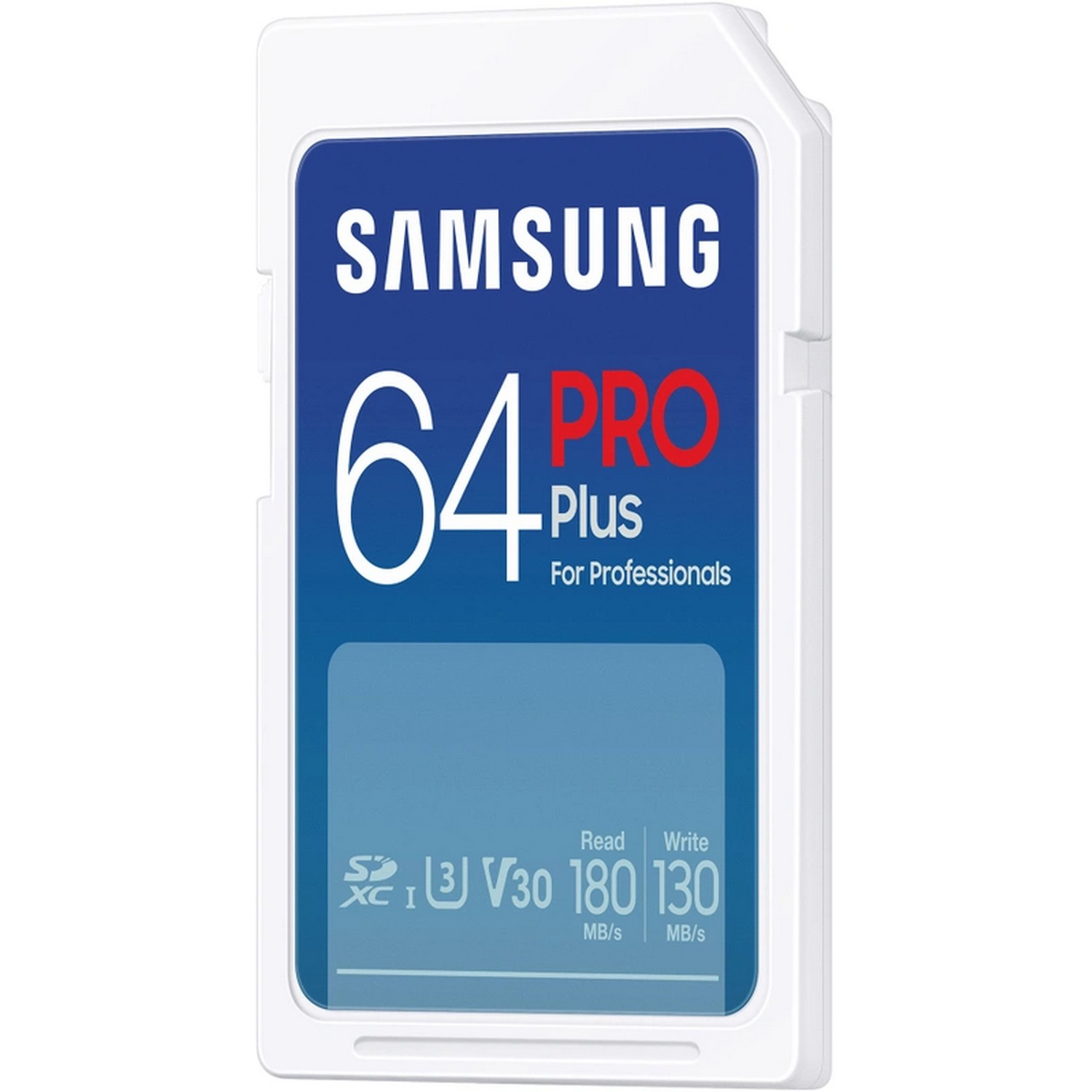 White and blue Samsung 64 PRO Plus SD card, with read/write speeds displayed.
