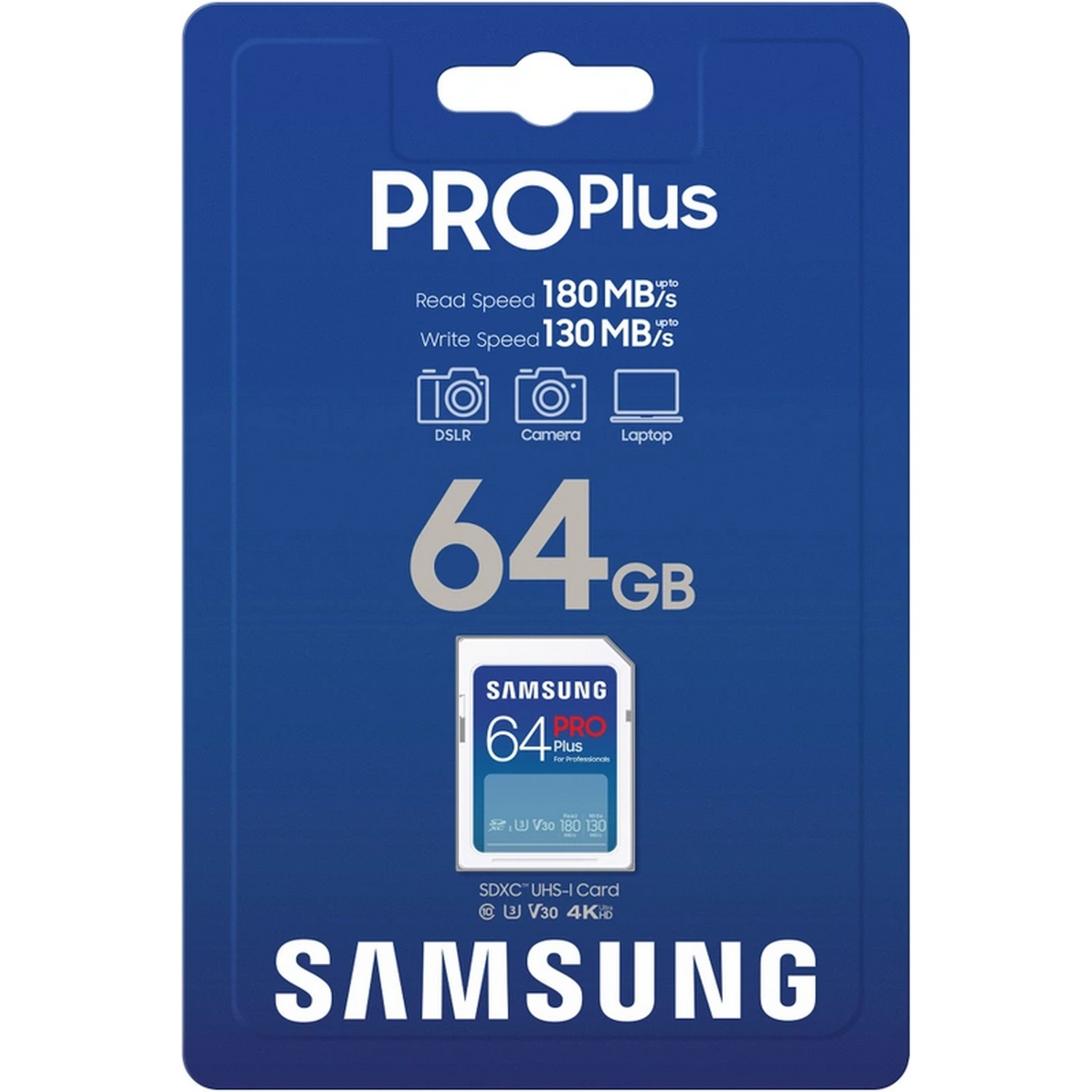 Samsung Pro Plus 64GB SD card packaging. Blue and white design with details.
