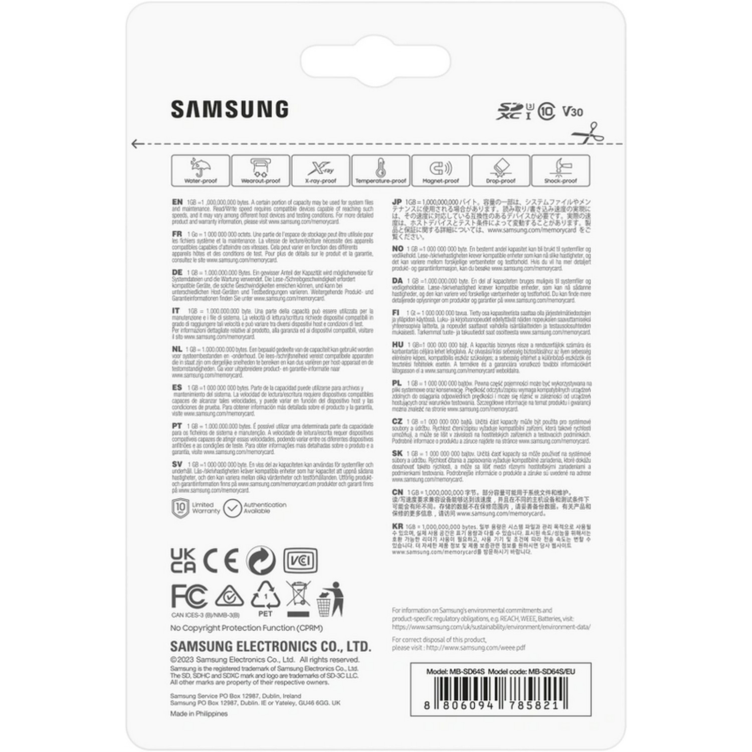 A white background with text in multiple languages about a Samsung product.