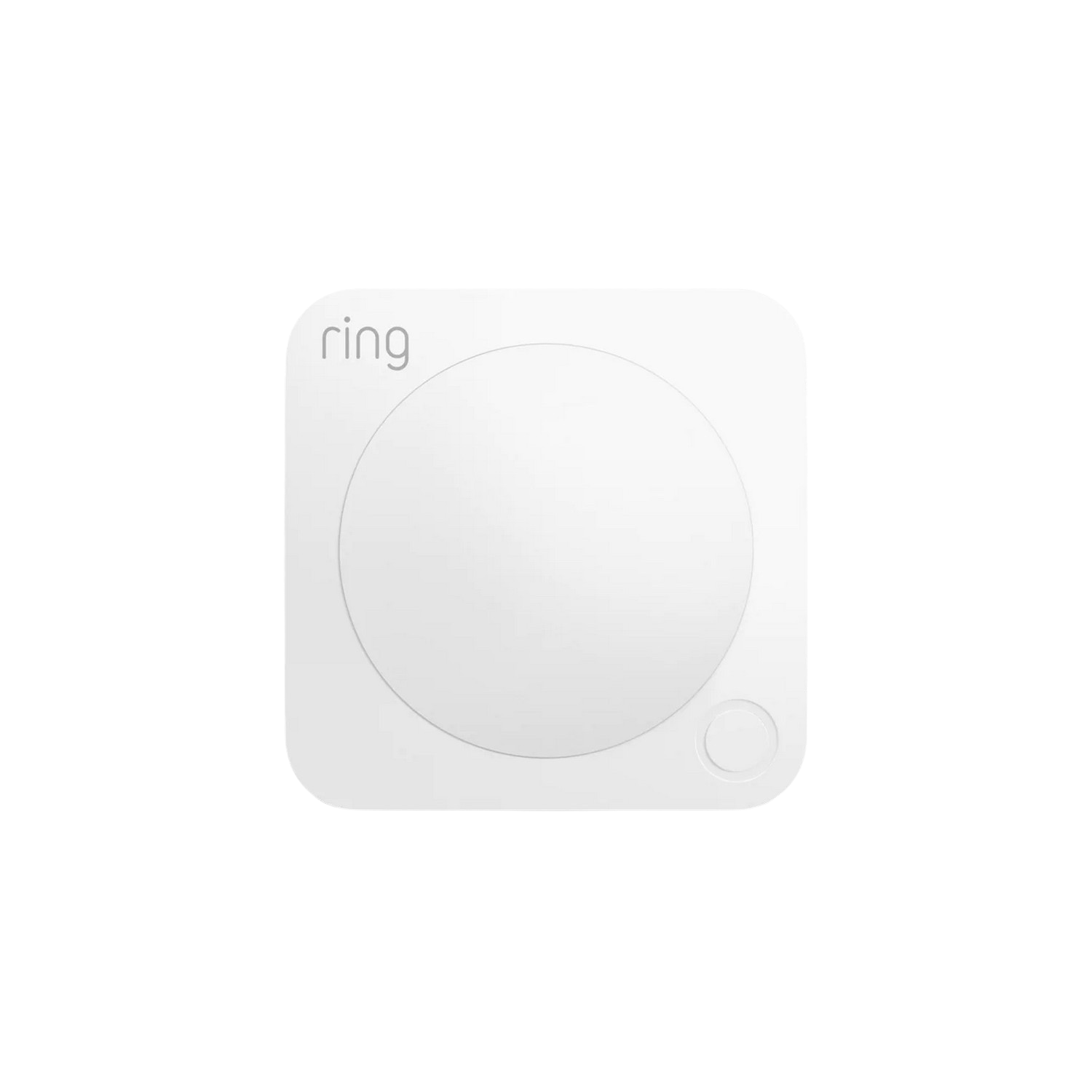 Een wit Ring-apparaat, vierkant, met een centrale cirkel en een knop aan de zijkant, op een zwarte achtergrond.
