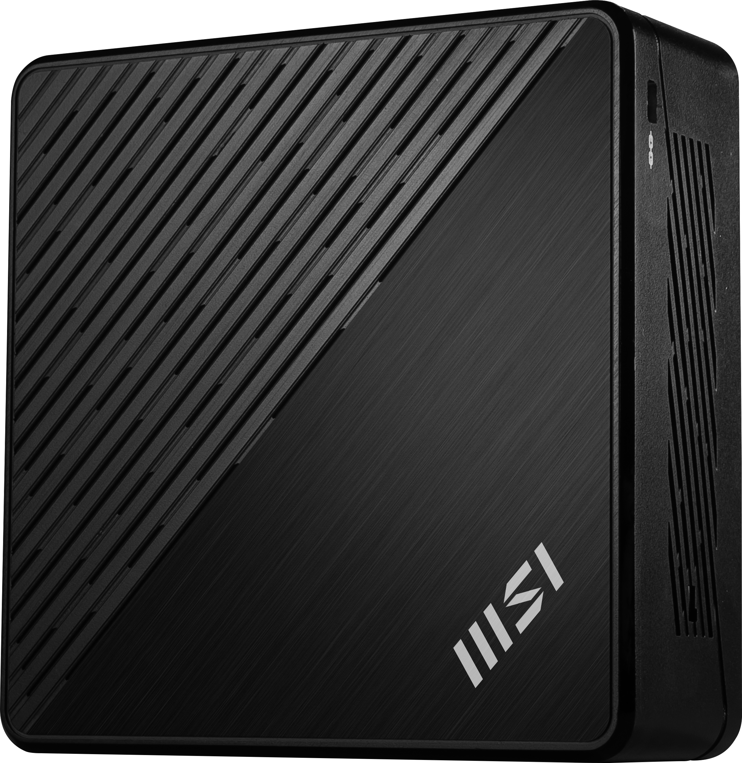 Schwarzer PC-Tower mit abgewinkelten Linien auf der Vorderseite und dem MSI-Logo.